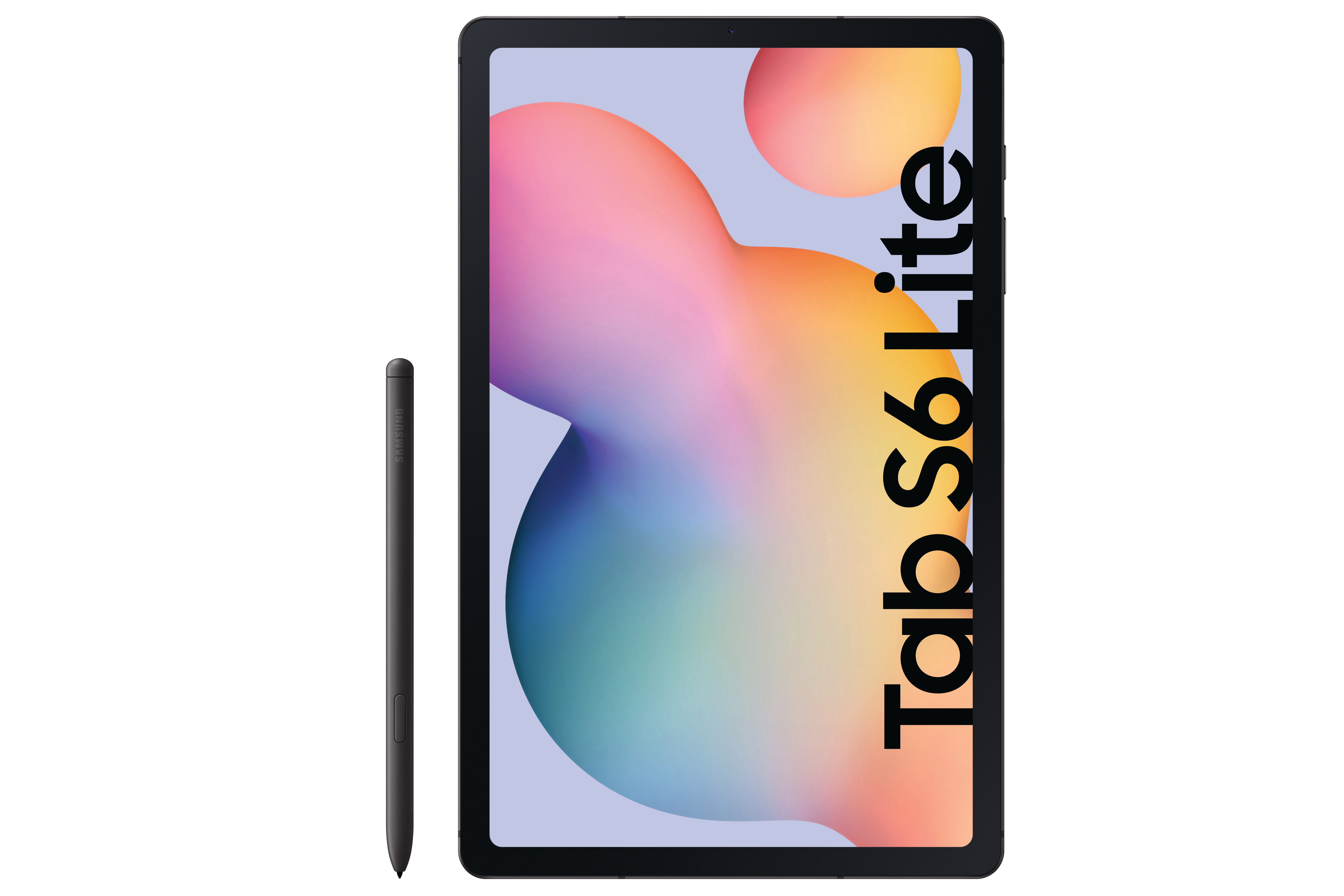 Schwarzes Tablet mit Stift, zeigt 'Tab S6 Lite' auf dem Bildschirm.