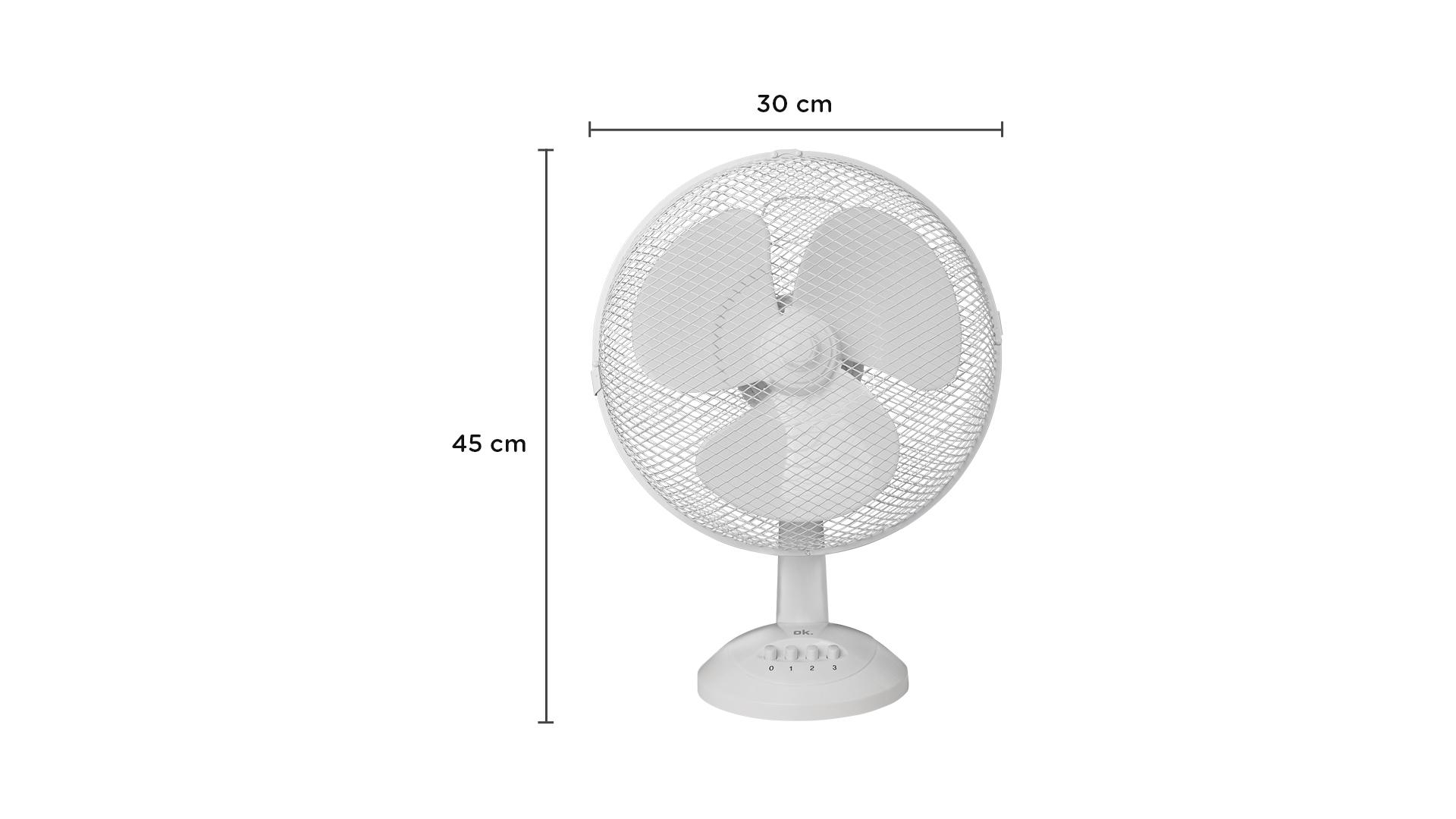 Ein weißer Tischventilator mit drei Flügeln, auf weißem Sockel, mit Maßangaben in cm.