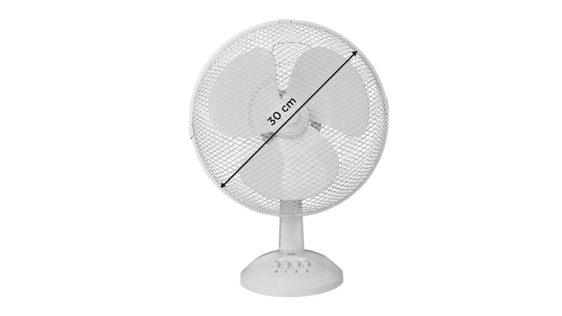 Weißer Tischventilator mit drei Flügeln. Er hat einen Durchmesser von 30 cm, auf weißer Oberfläche.