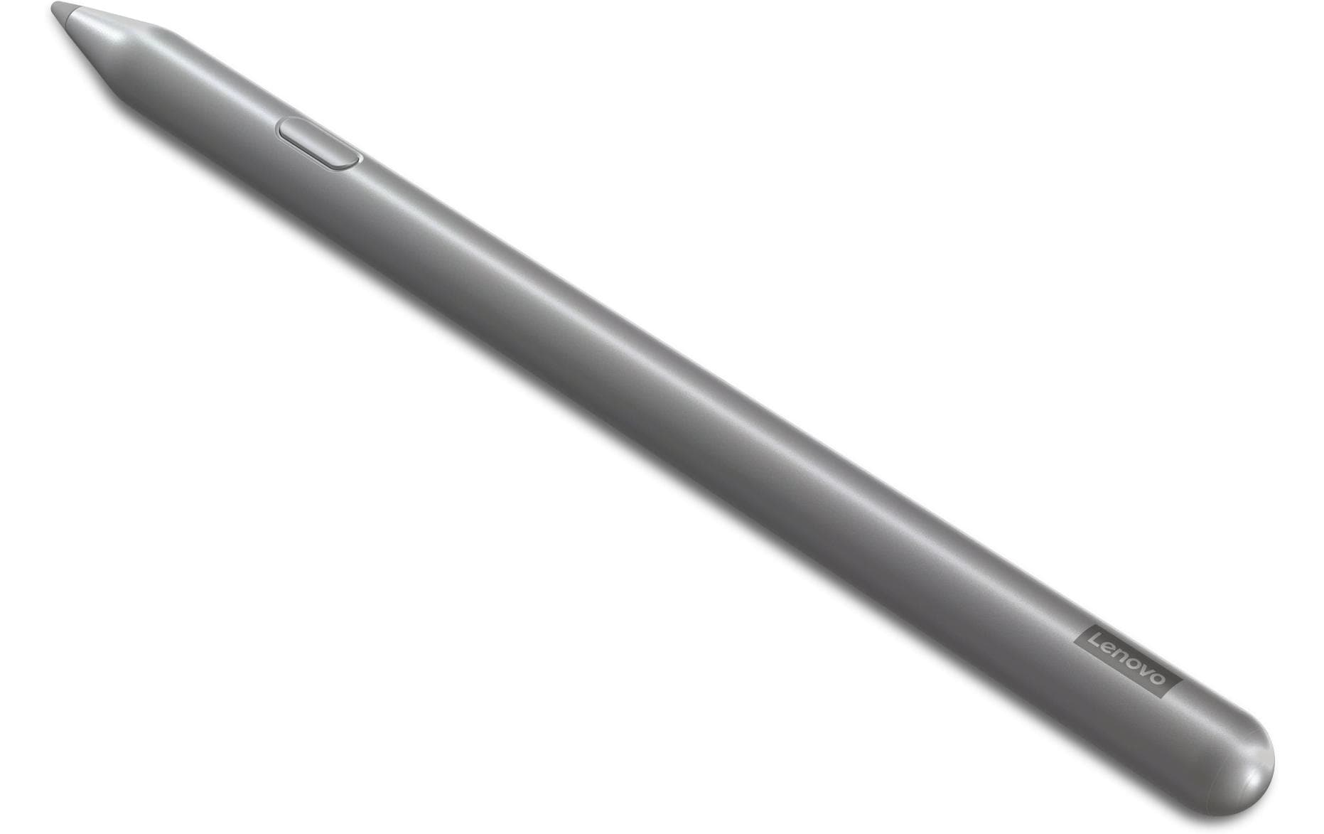Un stylet Lenovo argenté sur fond blanc.