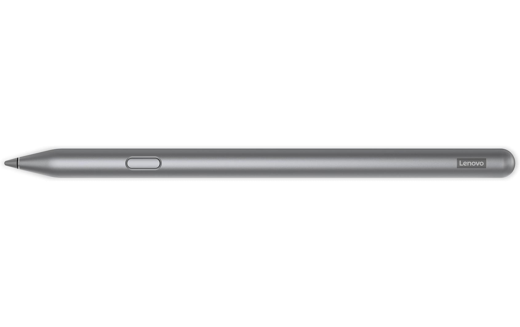 Un stylet Lenovo argenté sur fond blanc. C'est un design fin et métallique.