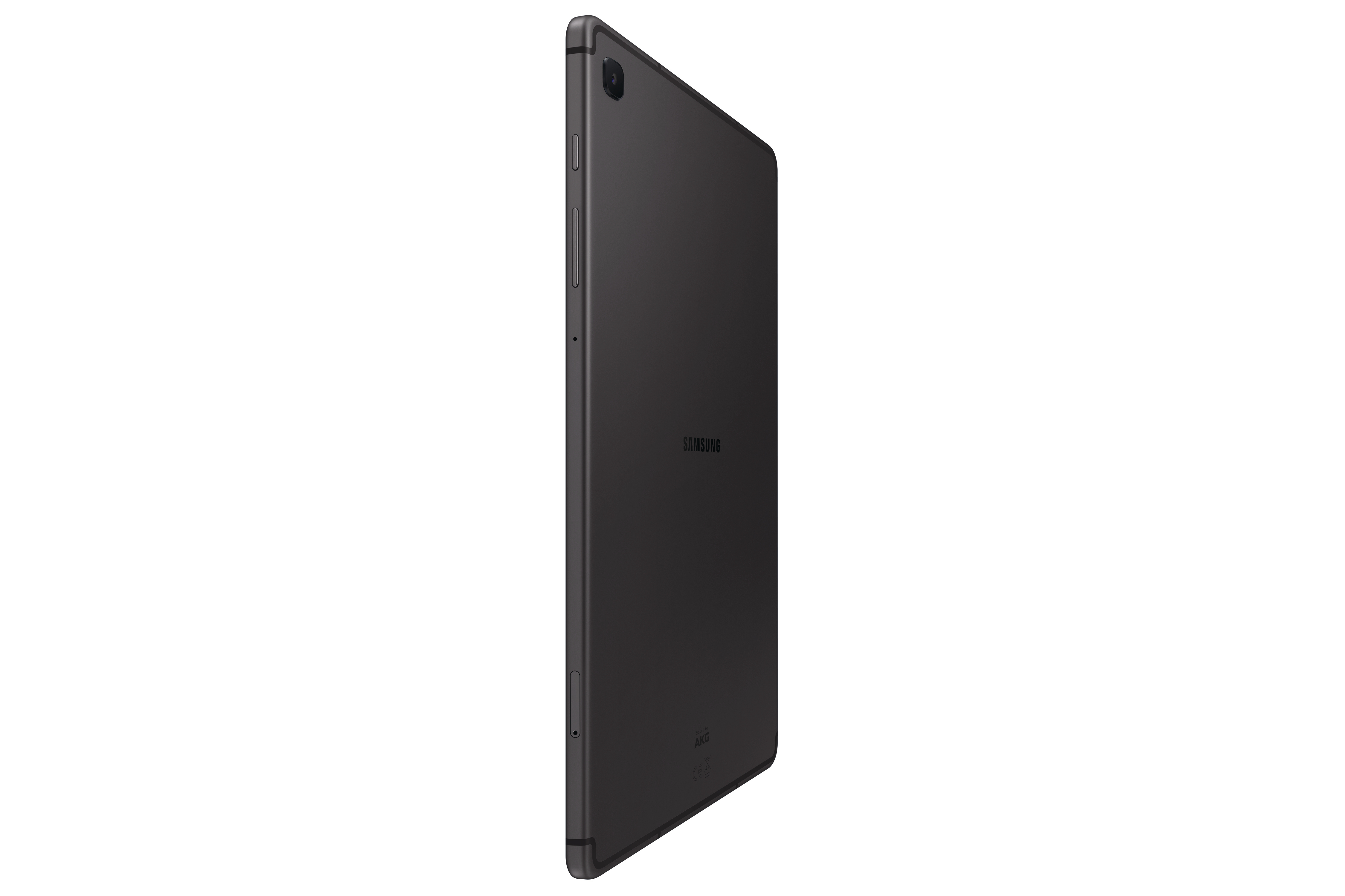 Dunkelgraues Tablet, Seitenansicht. Das Samsung-Logo ist sichtbar, zusammen mit Tasten und Anschlüssen.