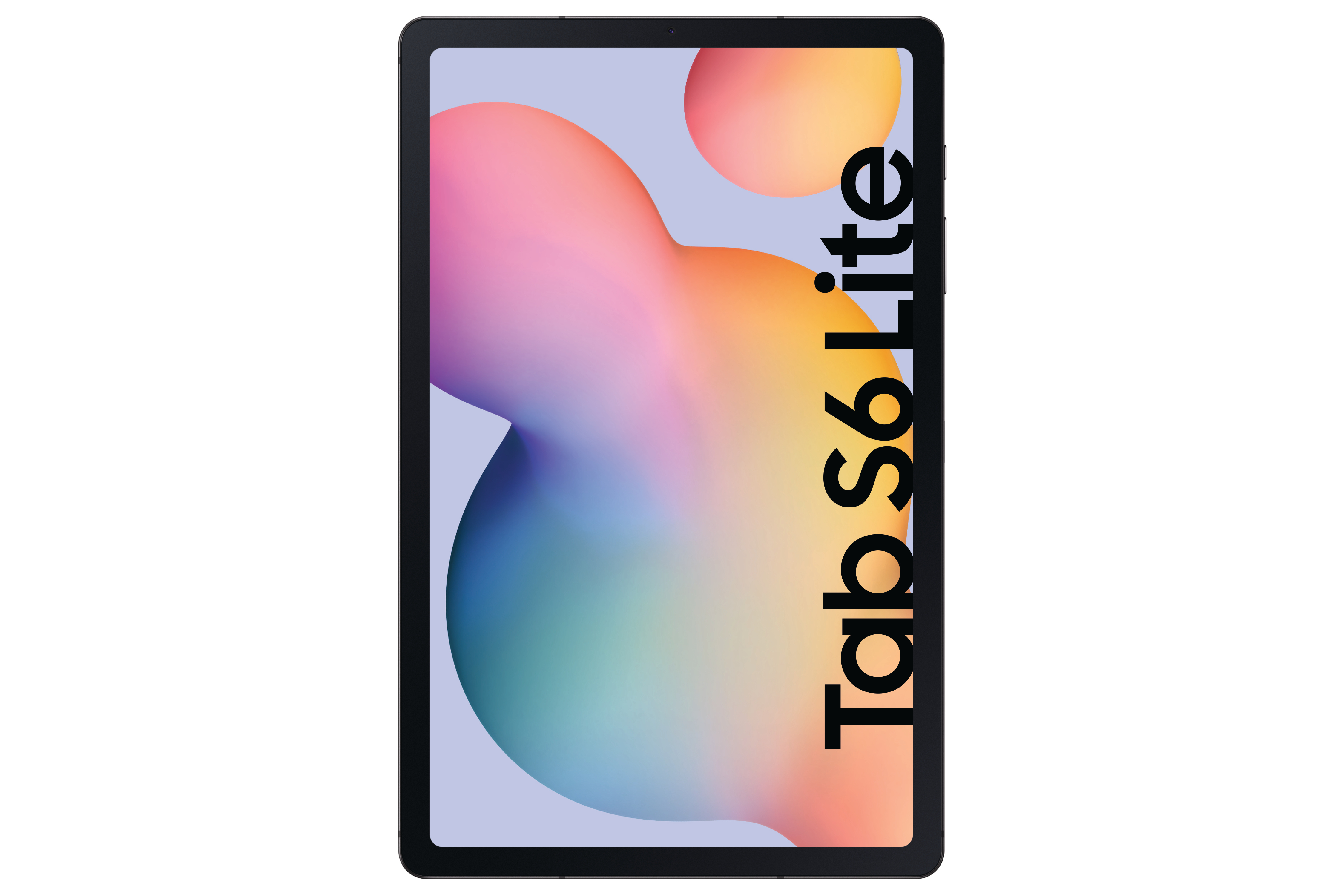 Ein schwarzes Tablet mit dem Text 'Tab S6 Lite' auf dem Bildschirm.