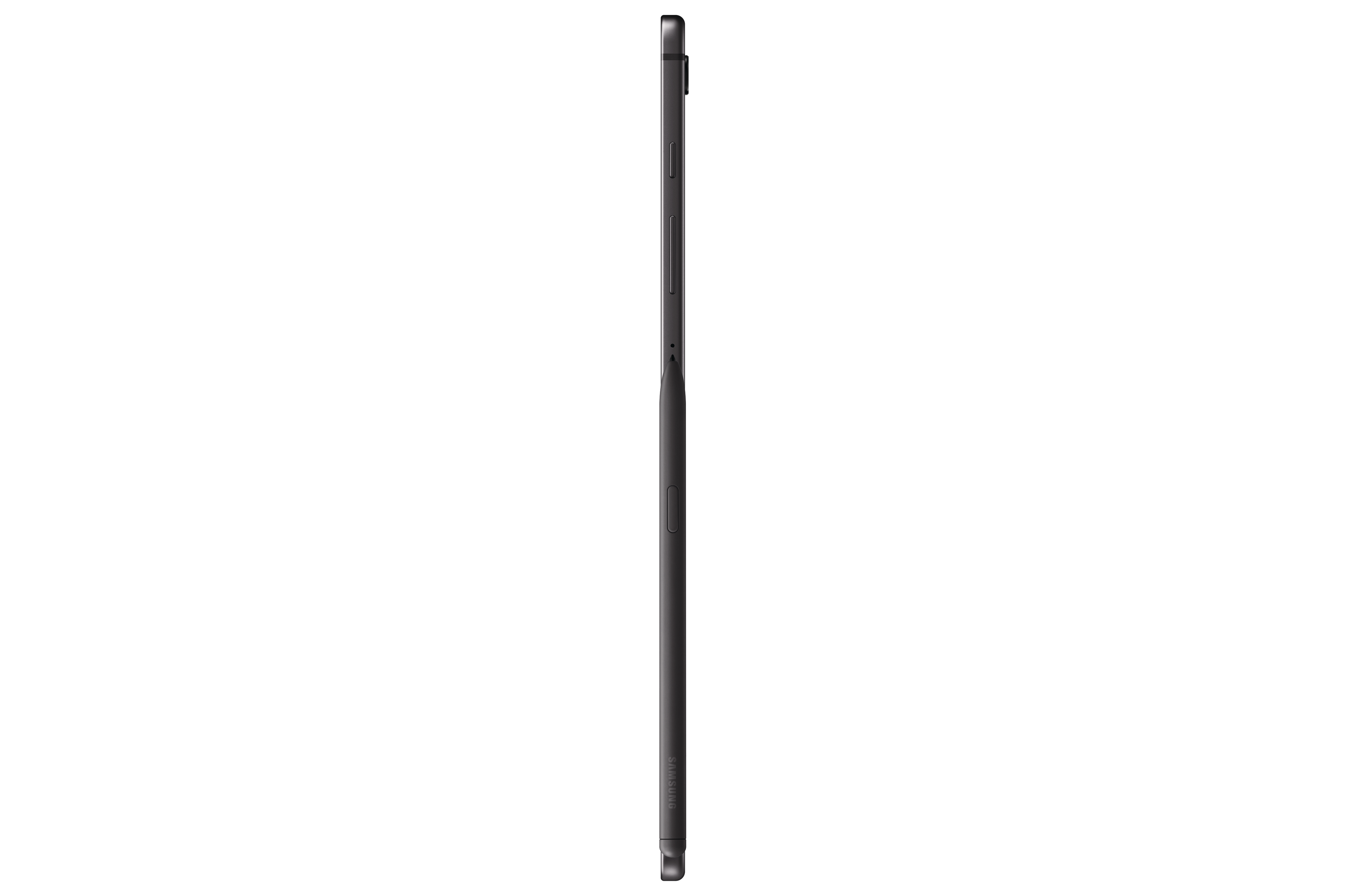 Ein schwarzes Tablet von der Seite, das sein dünnes Profil und die Seitentasten zeigt.