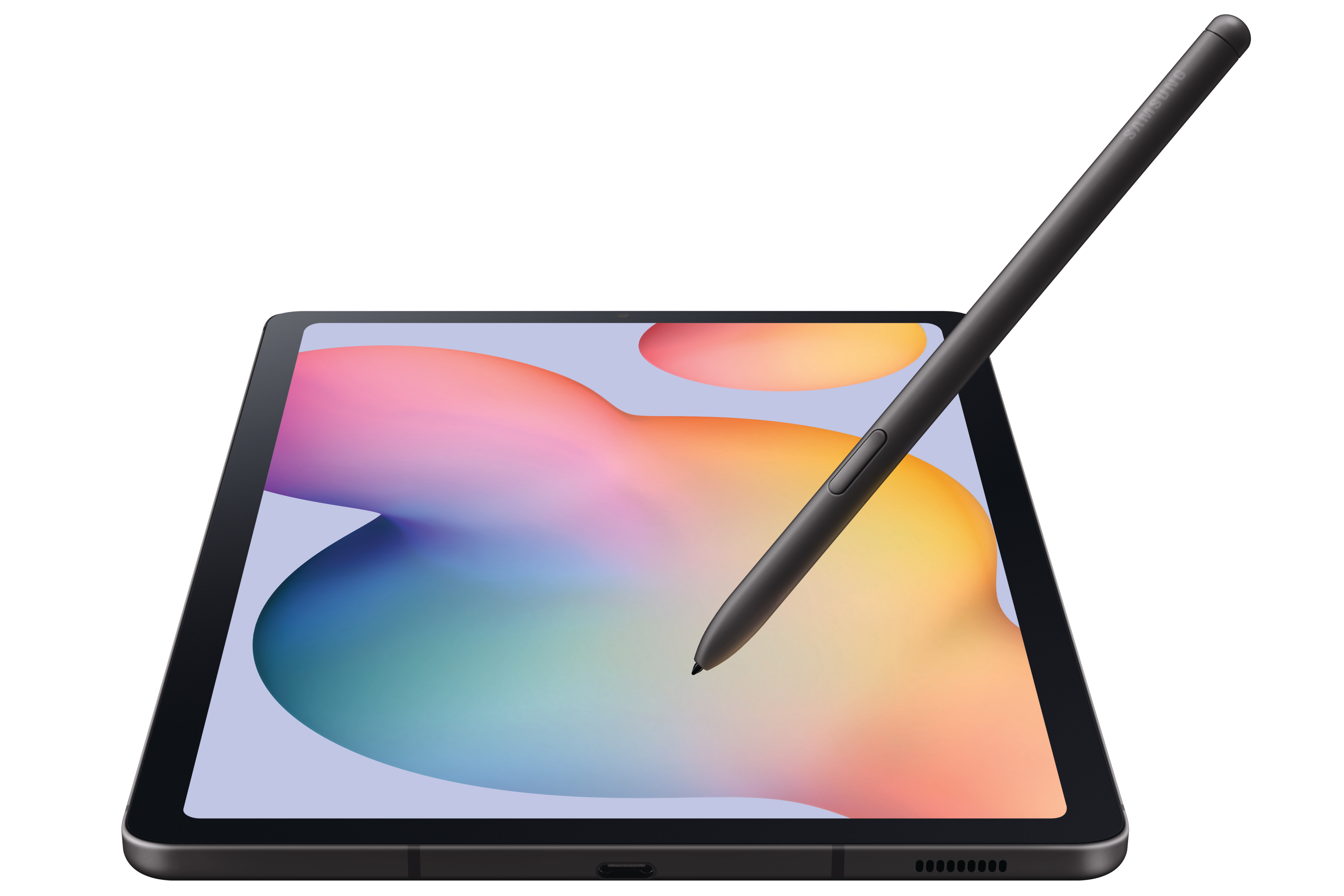 Schwarzes Tablet mit schwarzem Stift, liegt auf einer weißen Oberfläche. Der Bildschirm zeigt abstrakte Farben.
