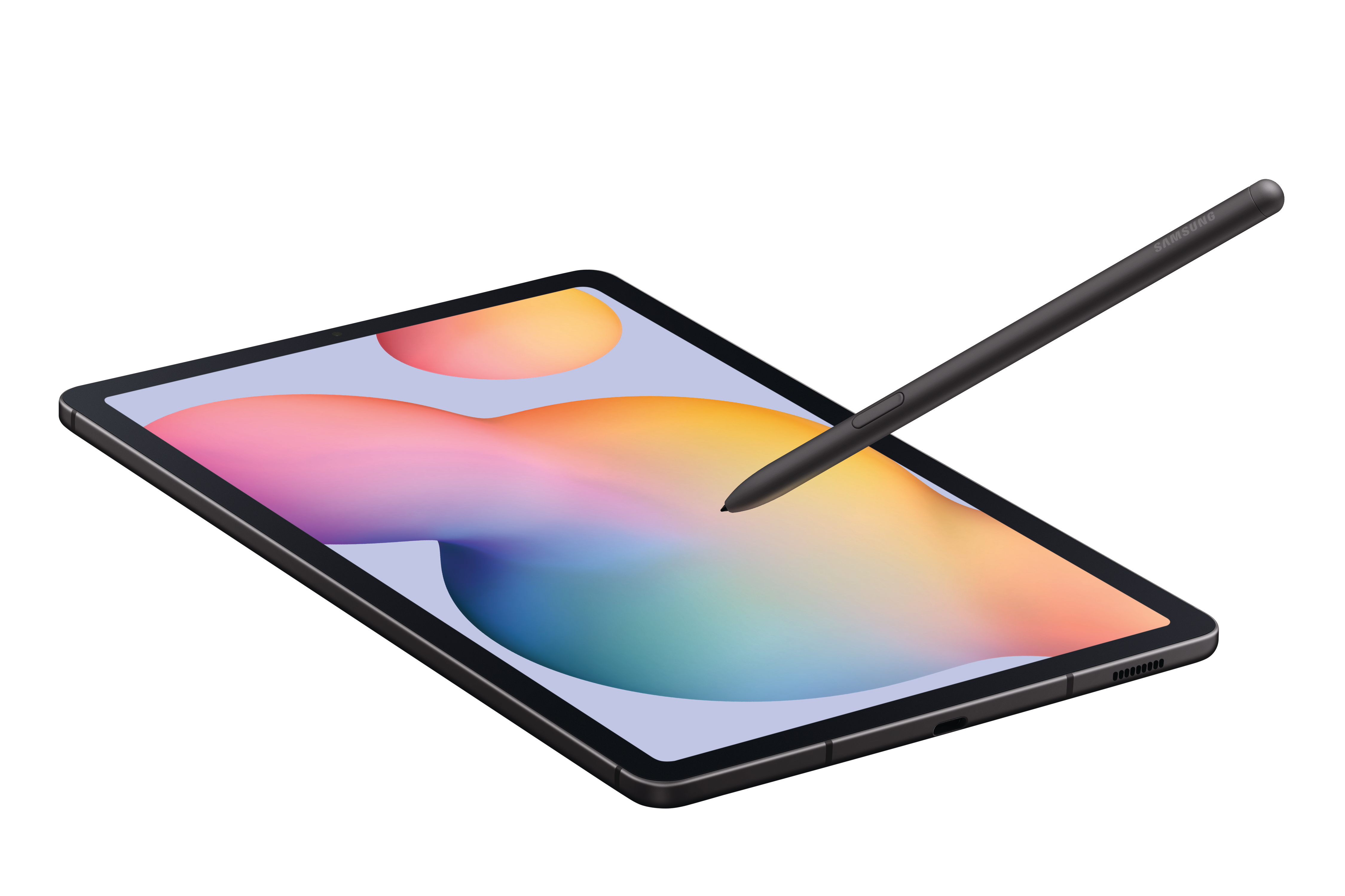 Tablet mit einem Stift, der Bildschirm zeigt ein farbenfrohes abstraktes Bild.