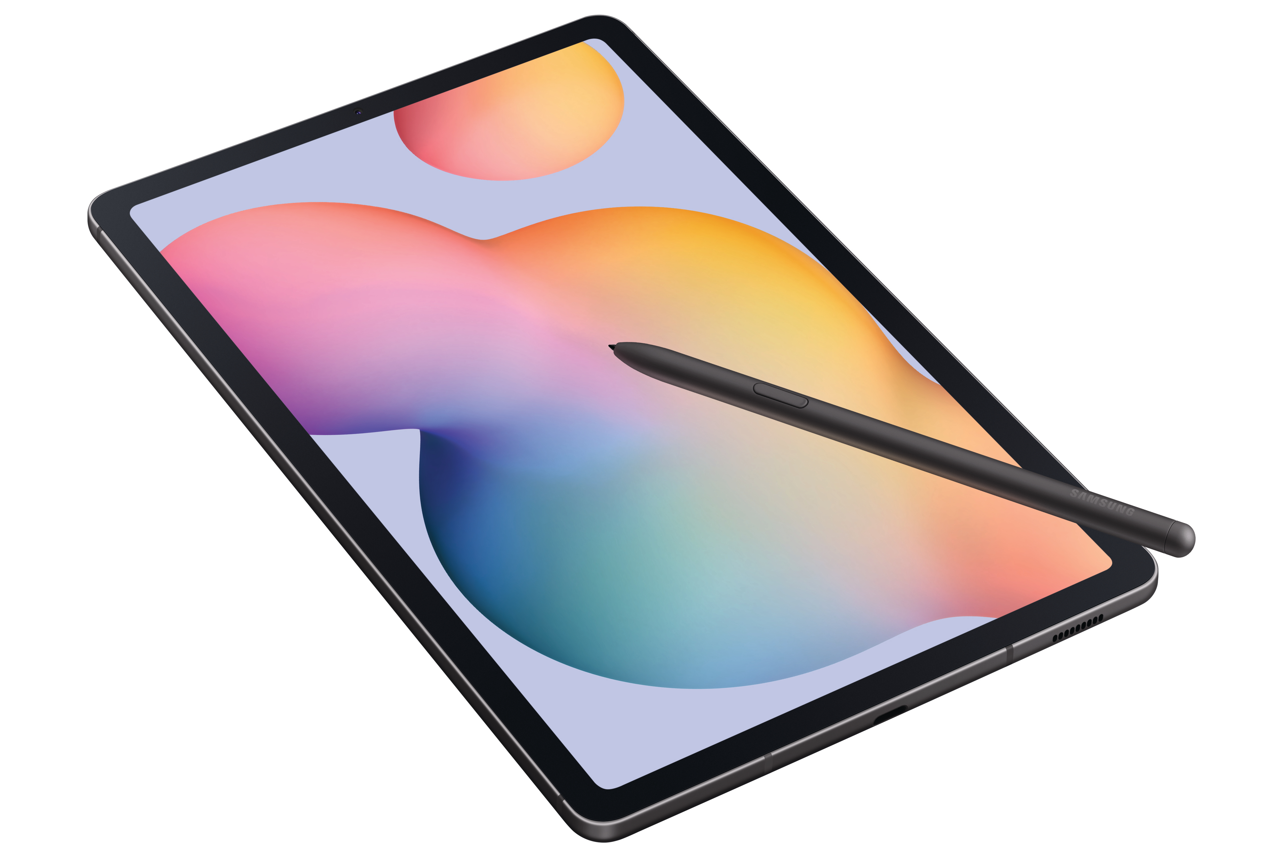 Tablet mit Stift auf weißem Hintergrund, zeigt ein farbenfrohes Bild.