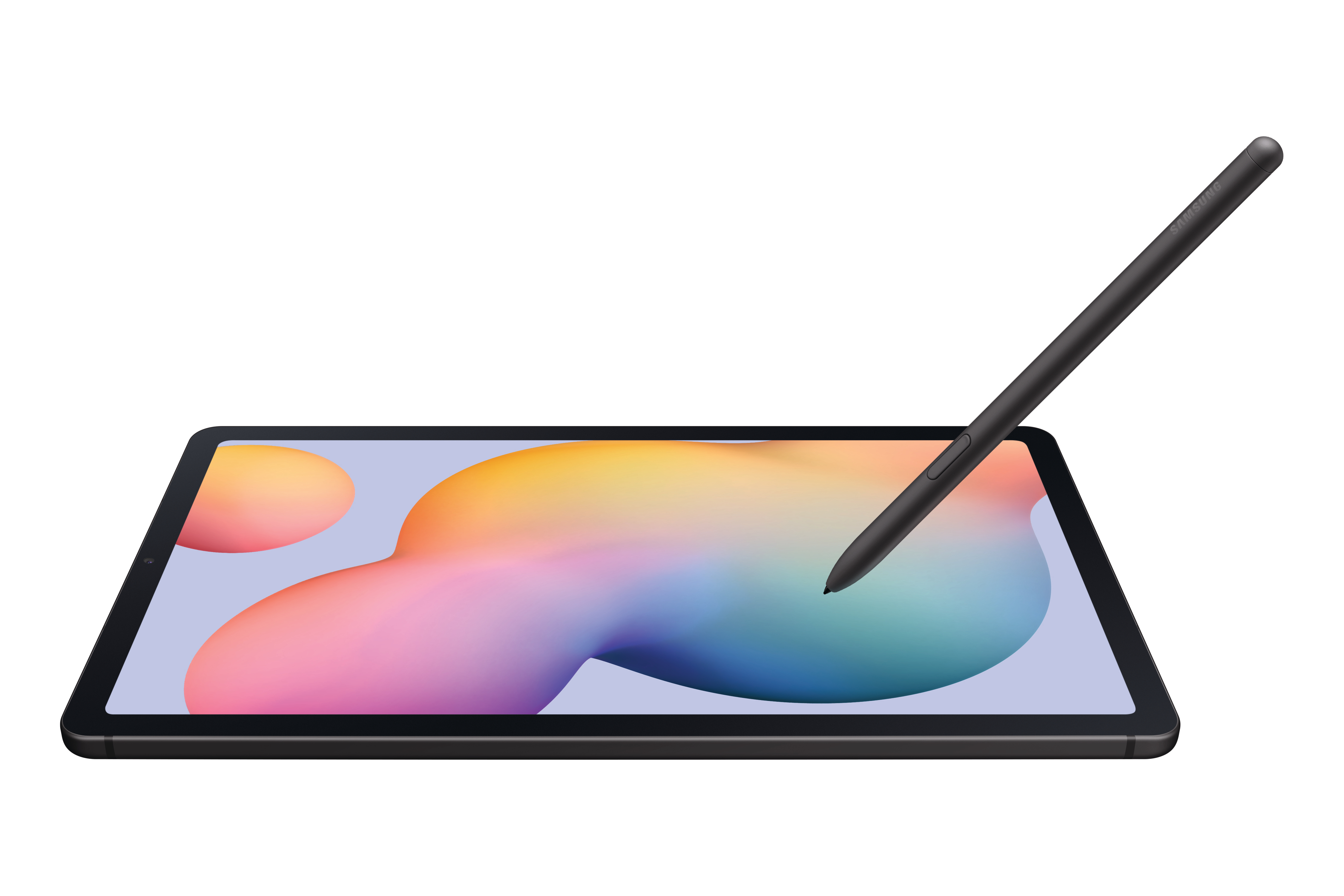 Tablet mit Stift, zeigt farbenfrohen, abstrakten Hintergrund.