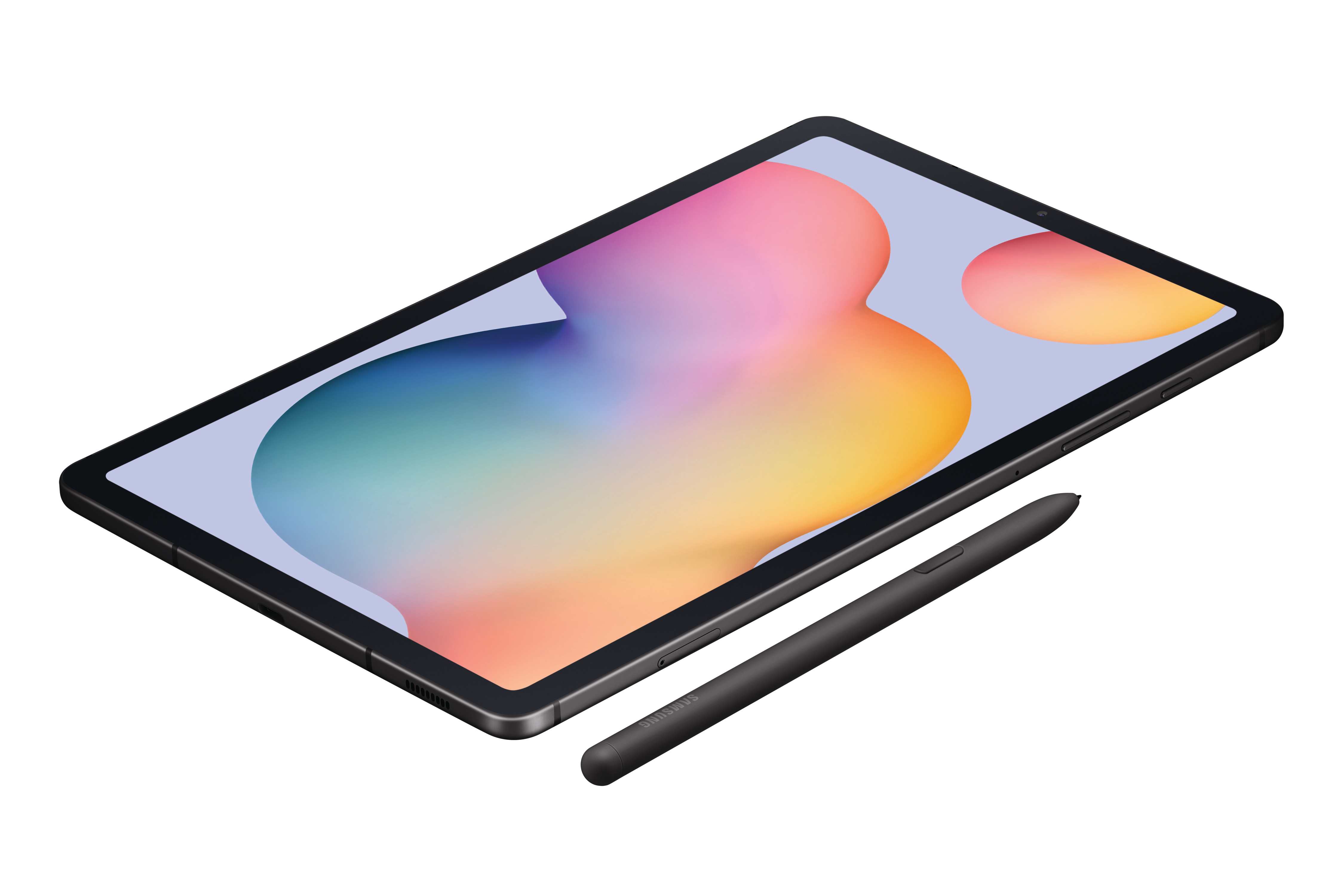 Tablet mit Stift. Der Bildschirm zeigt farbenfrohe abstrakte Kunst.