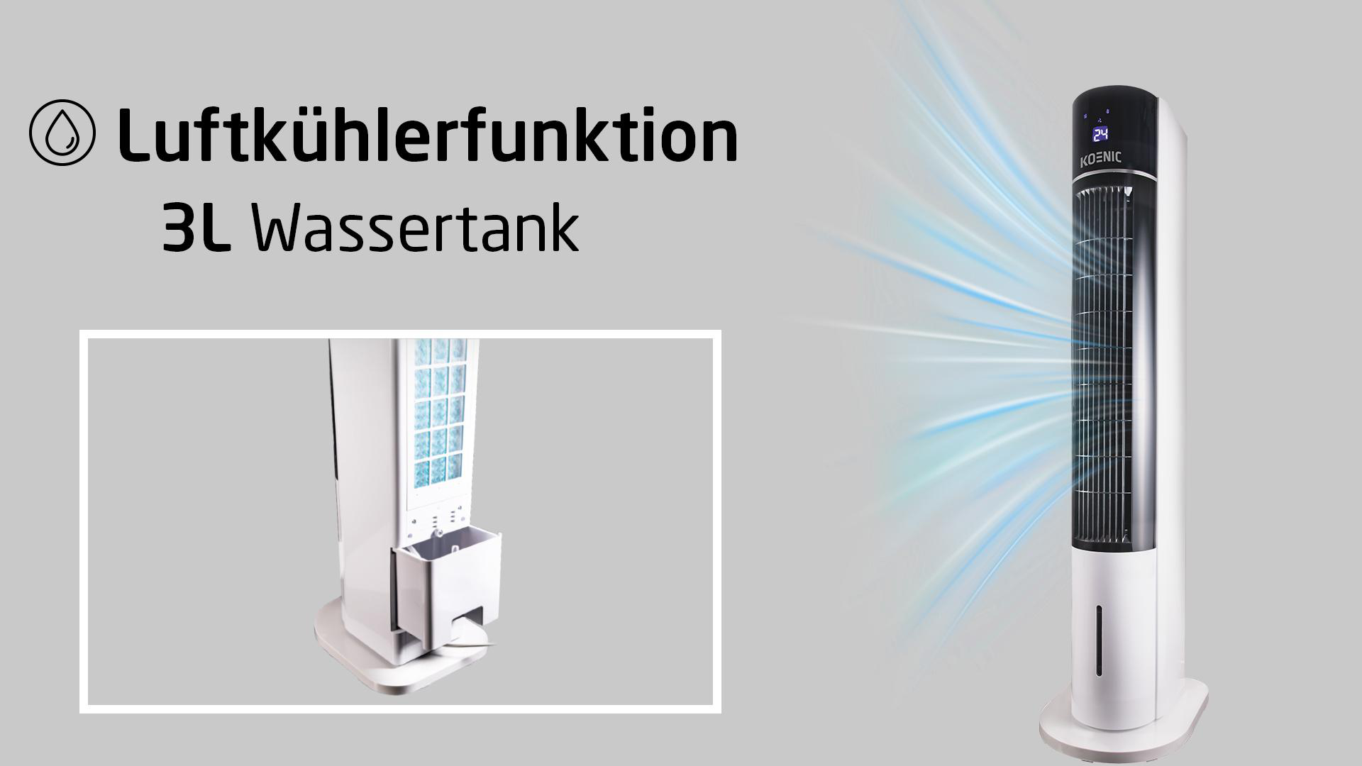 Ein weißer und schwarzer Turmventilator mit 3L Wassertank, mit blauer Luft, die vom Ventilator ausgeht.
