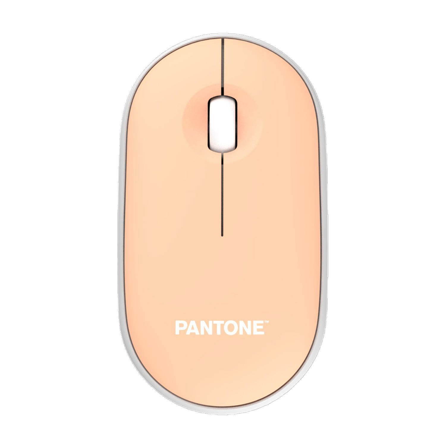 Un mouse per computer di forma ovale con parte superiore color pesca e dettagli bianchi.