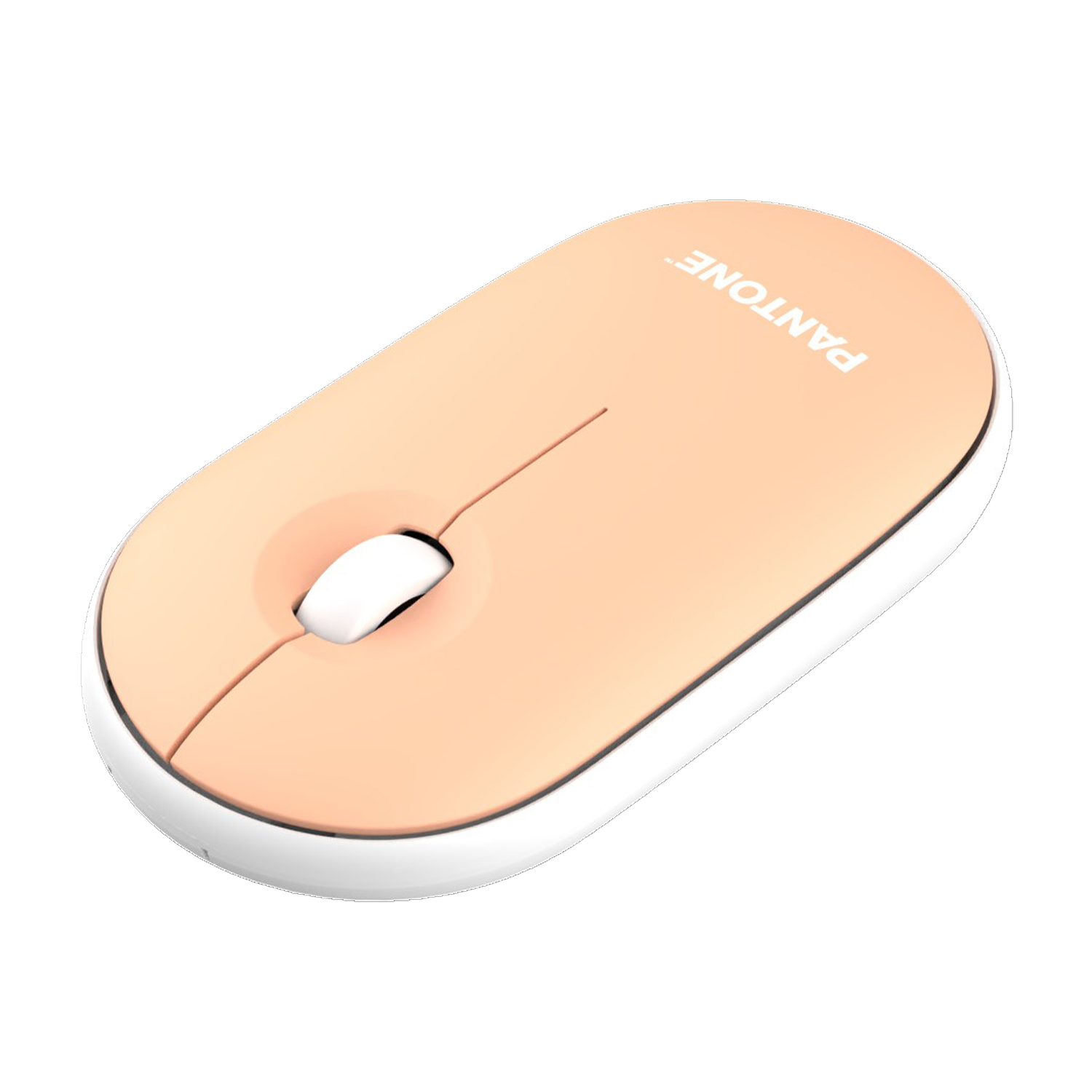 Mouse per computer color pesca, bordi bianchi, con rotella bianca e scritta 'PANTONE'.