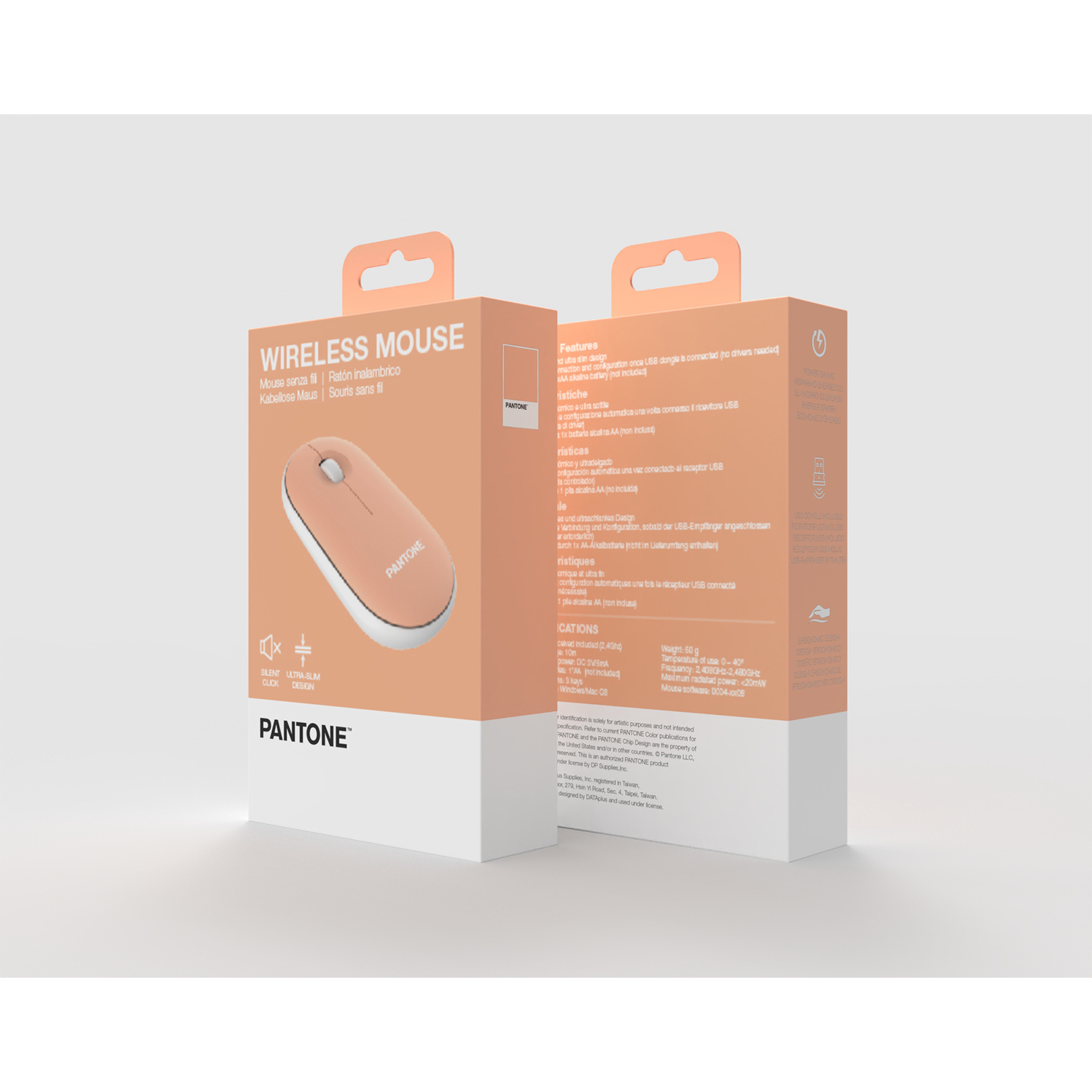 Due scatole di mouse wireless Pantone, color pesca, con testo descrittivo e funzioni.