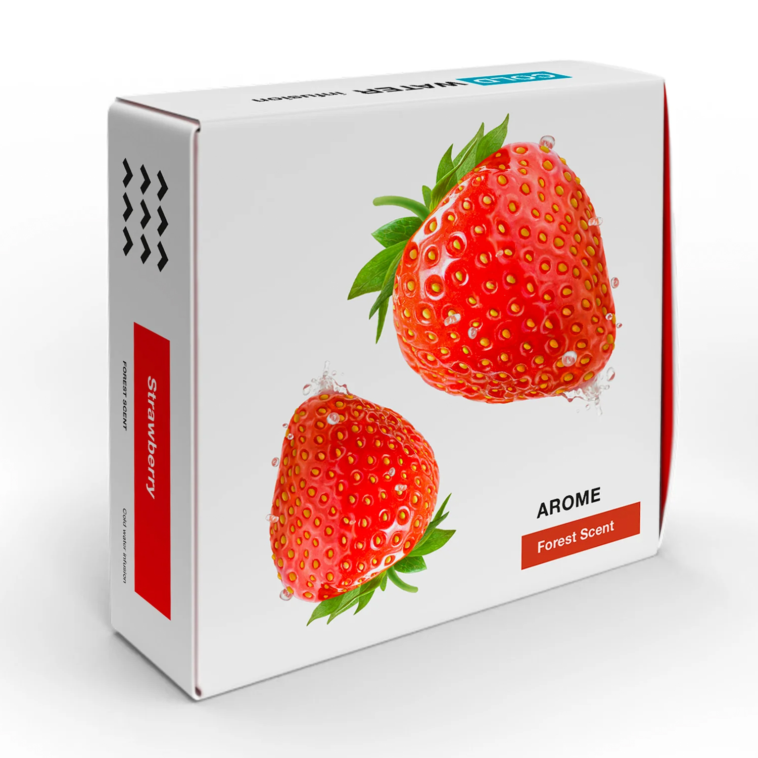 Scatola di fragole con due fragole e foglie verdi, etichette di testo rosse.