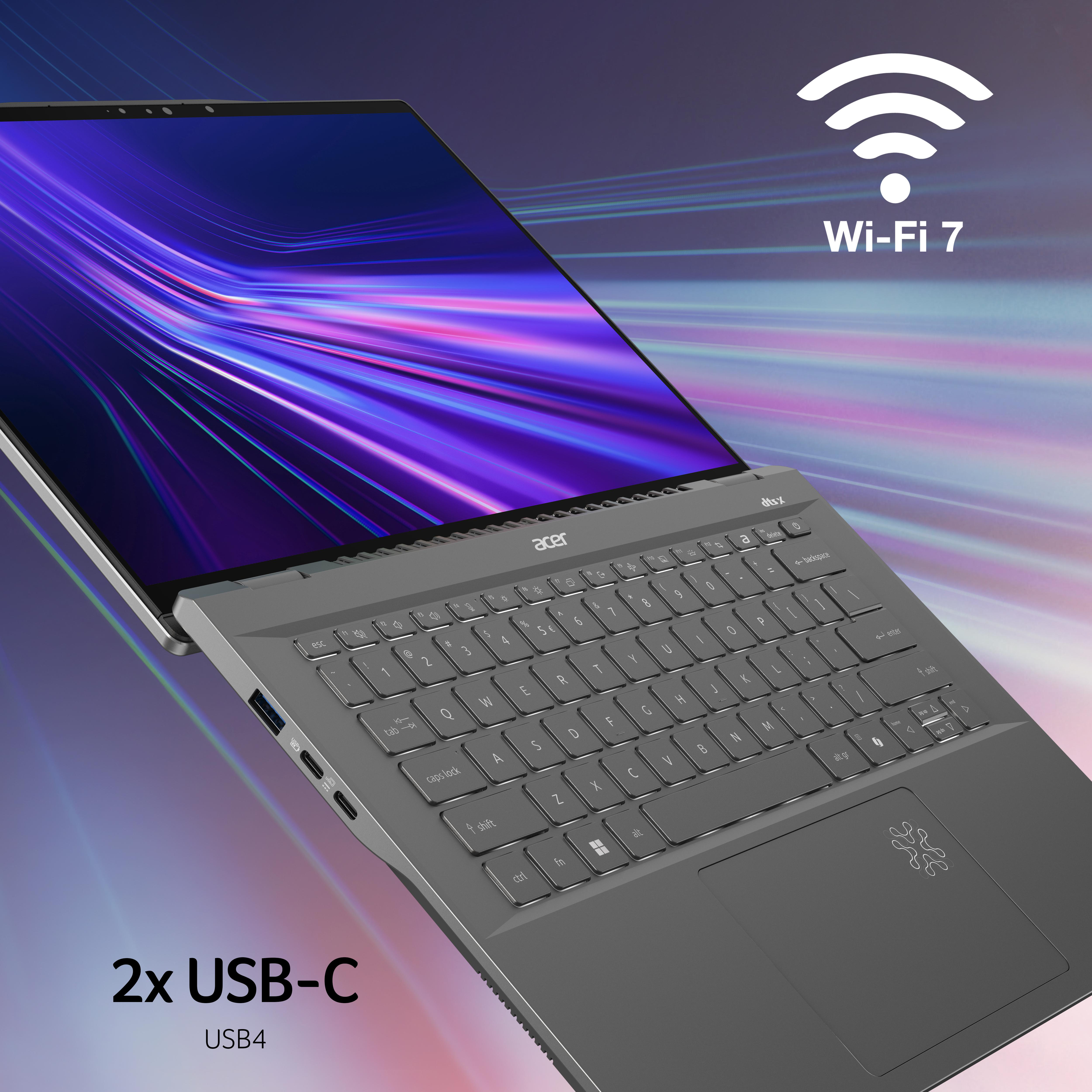 Laptop mit offenem Bildschirm, Tastatur sichtbar und USB-C-Anschlüssen. Wi-Fi 7 Logo.