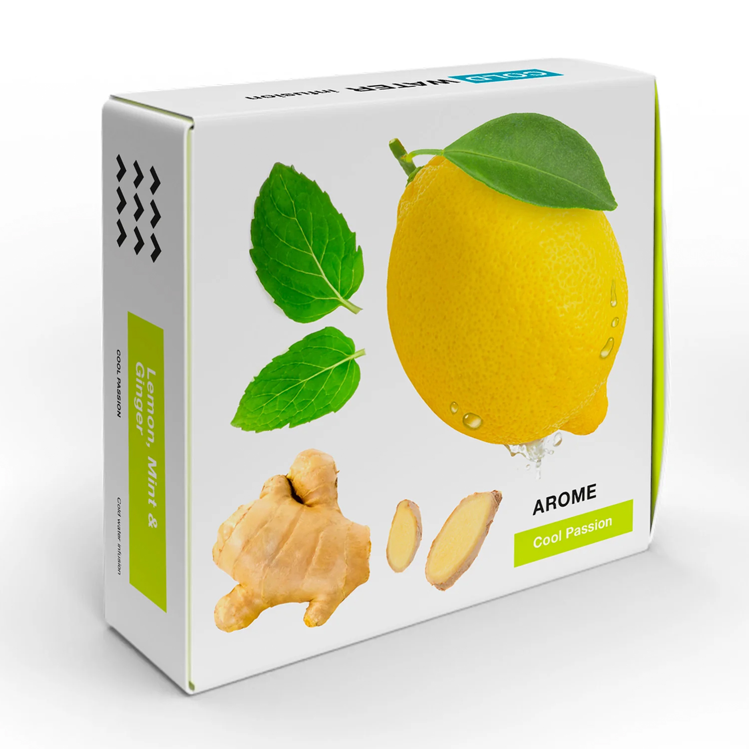 Scatola di 'Cool Passion' con limone, zenzero e menta. Scatola bianca con grafica verde e gialla.
