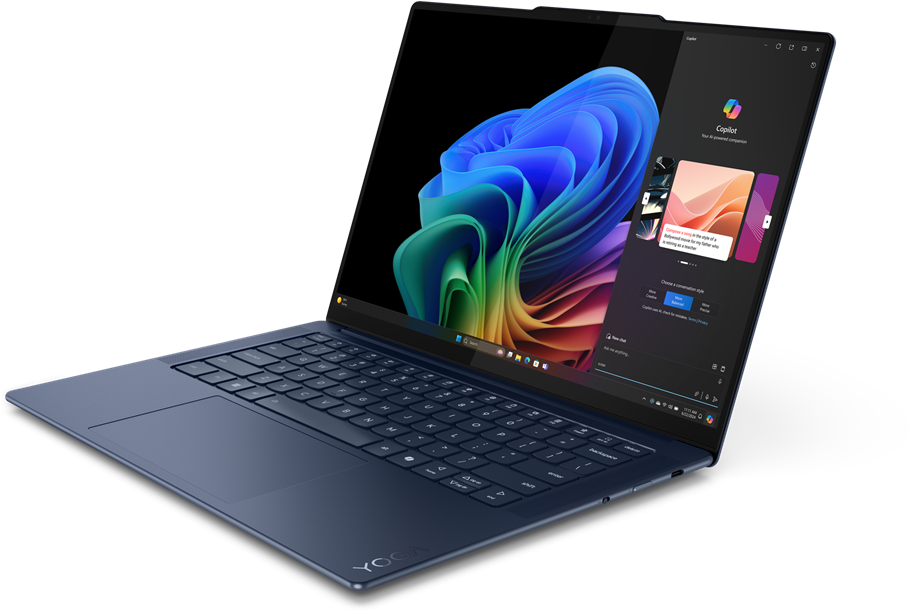 Egy kék laptop nyitva van, és egy asztalon fekszik. A képernyő egy színes képet és egy ablakot mutat jobbra.