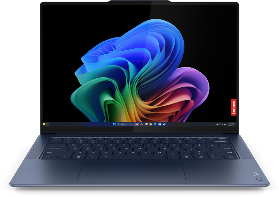 Lenovo Yoga laptop élénk absztrakt kijelzővel, nyitva az asztalon. A laptop kék.