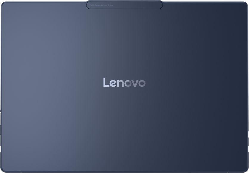 Sötétkék táblagép, felülnézet. A Lenovo logó középen van. Egy kamera és a márkanév látható.