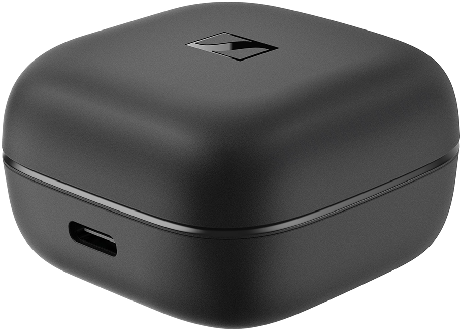 Fekete töltőtok USB-C porttal az oldalán. A tetején négyzet alakú logó található.
