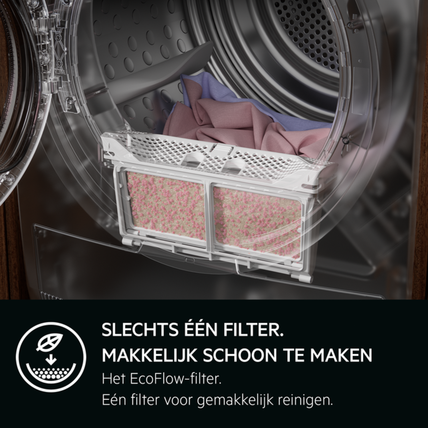 Inside of a dryer, filter with pink particles visible. Text: Easy to clean, EcoFlow-filter.