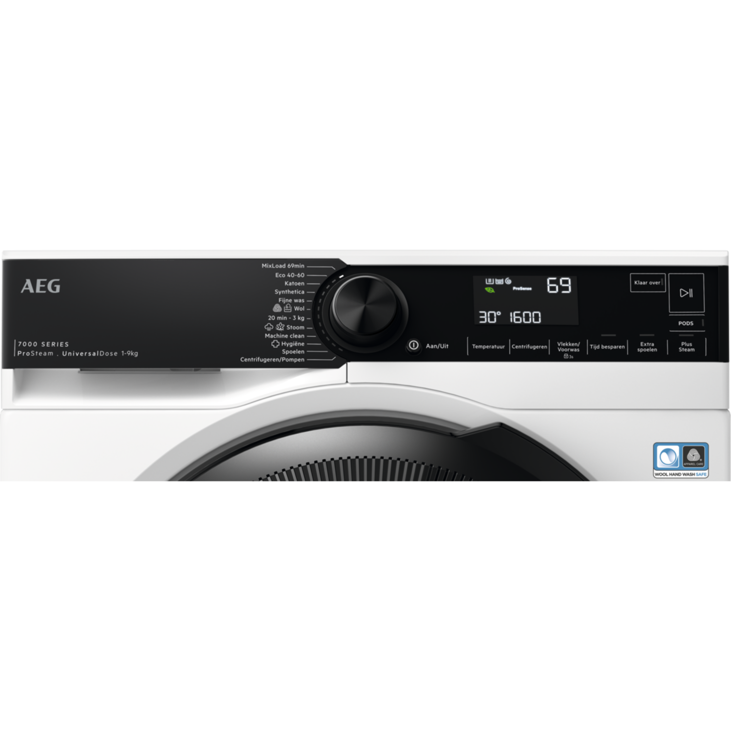 Washing machine with door open, control panel with settings and digital display. White and black colors.