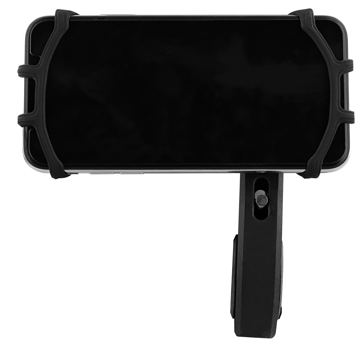 A black phone mount for bicycles or scooters, holding a phone. The mount is black with a phone in place.