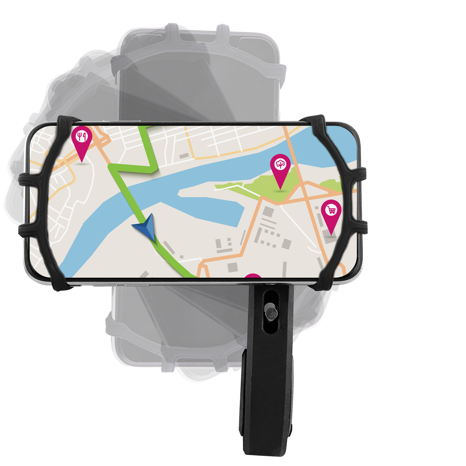 Smartphone in a holder displays a map with pins, with another phone ghosted behind.