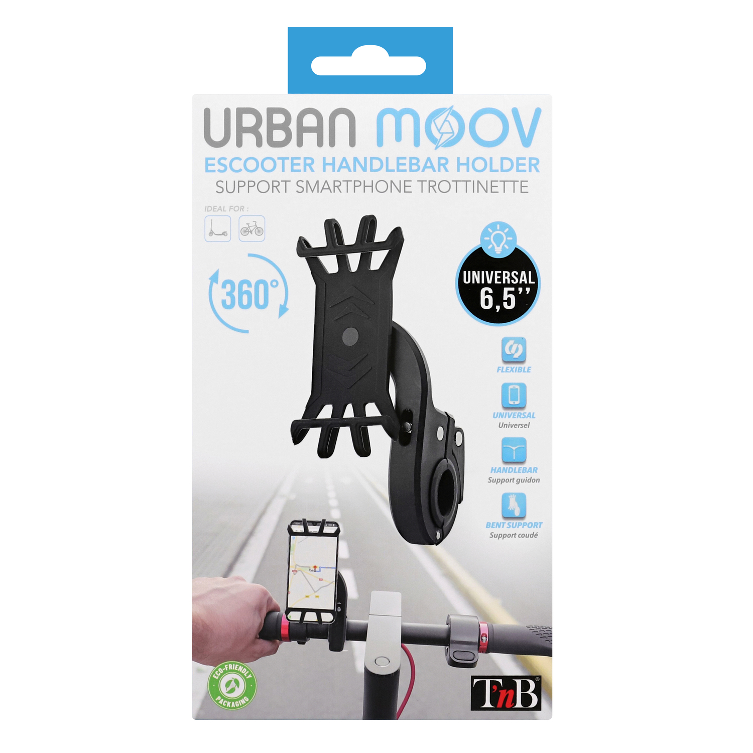 A scooter handlebar holder, with a smartphone attached, on a white surface with text and graphics.