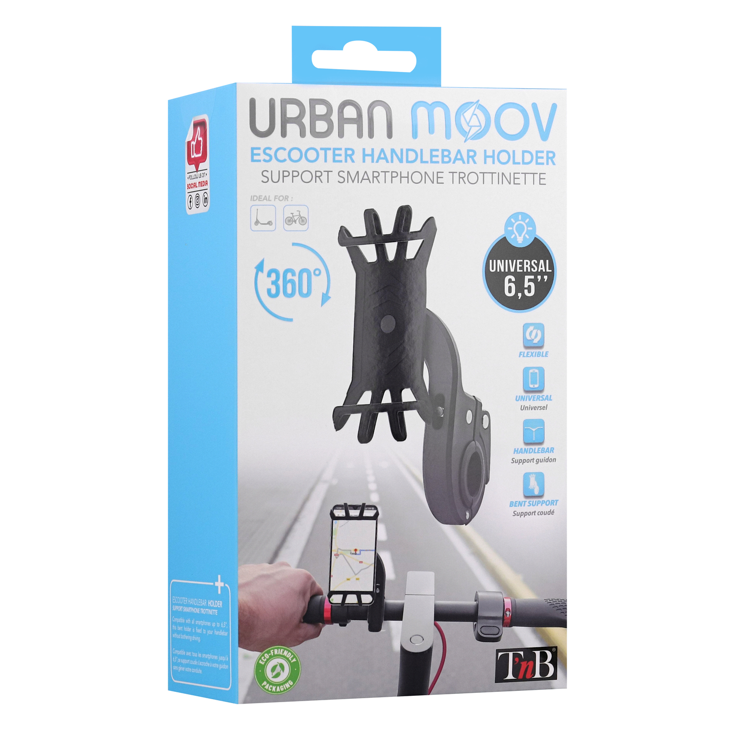Box shows a phone holder on a scooter handlebar. Text reads 'URBAN MOOV', 'EScooter Handbar Holder' and 'Universal 6.5"'.