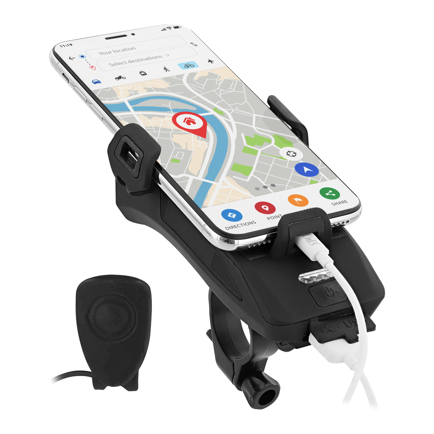 Support de smartphone noir sur un vélo avec un téléphone affichant une carte.