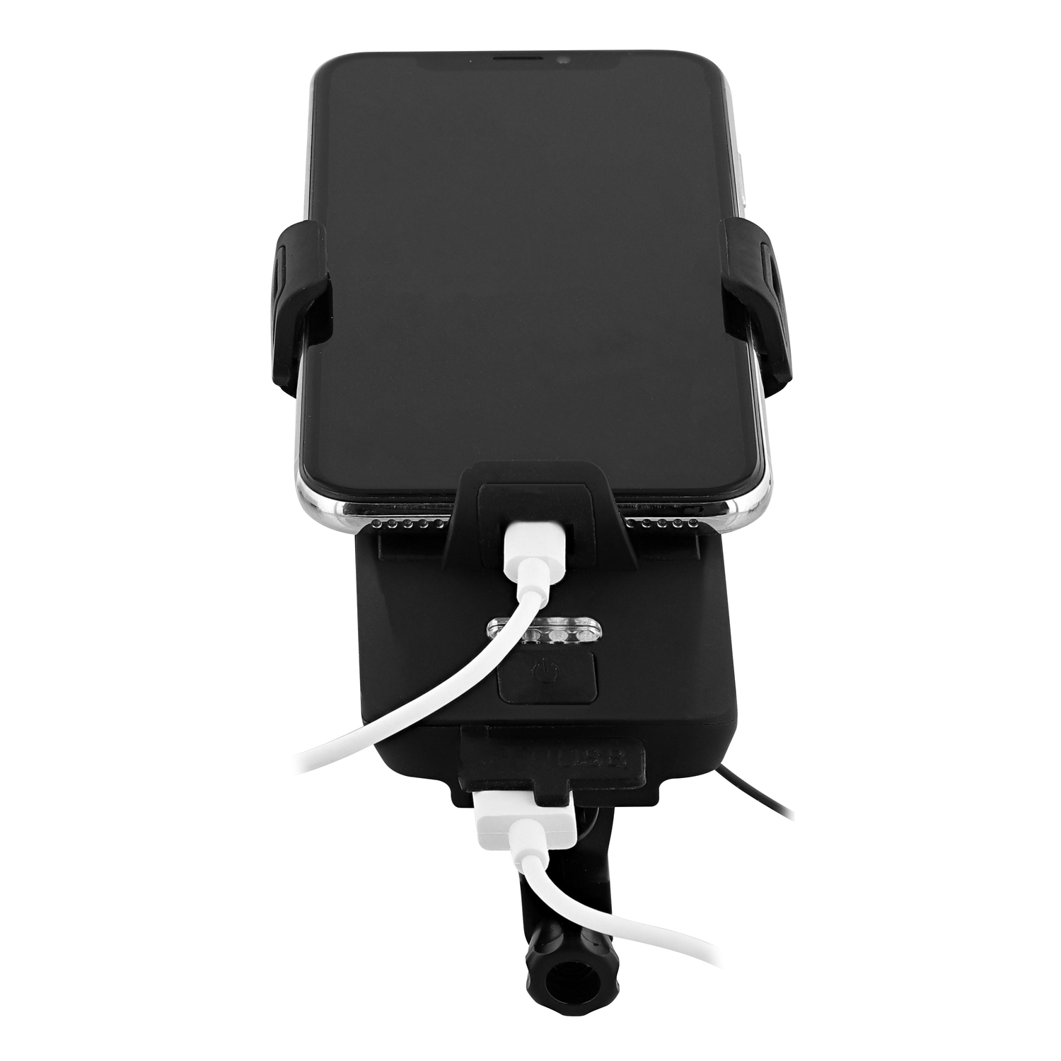 Téléphone monté sur une station de charge noire avec des câbles blancs connectés.
