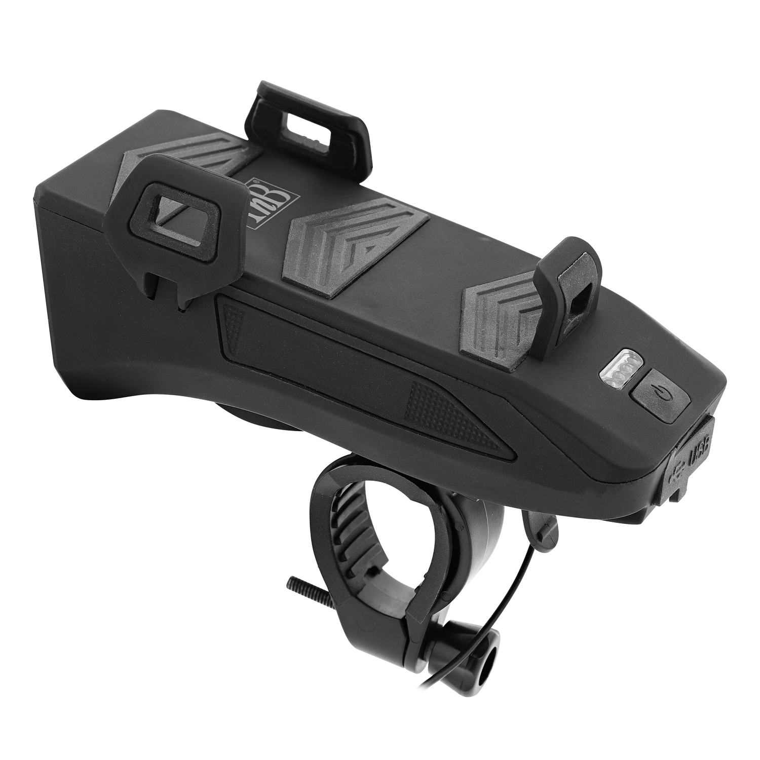 Un support de téléphone pour vélo noir avec une lumière et un port USB.