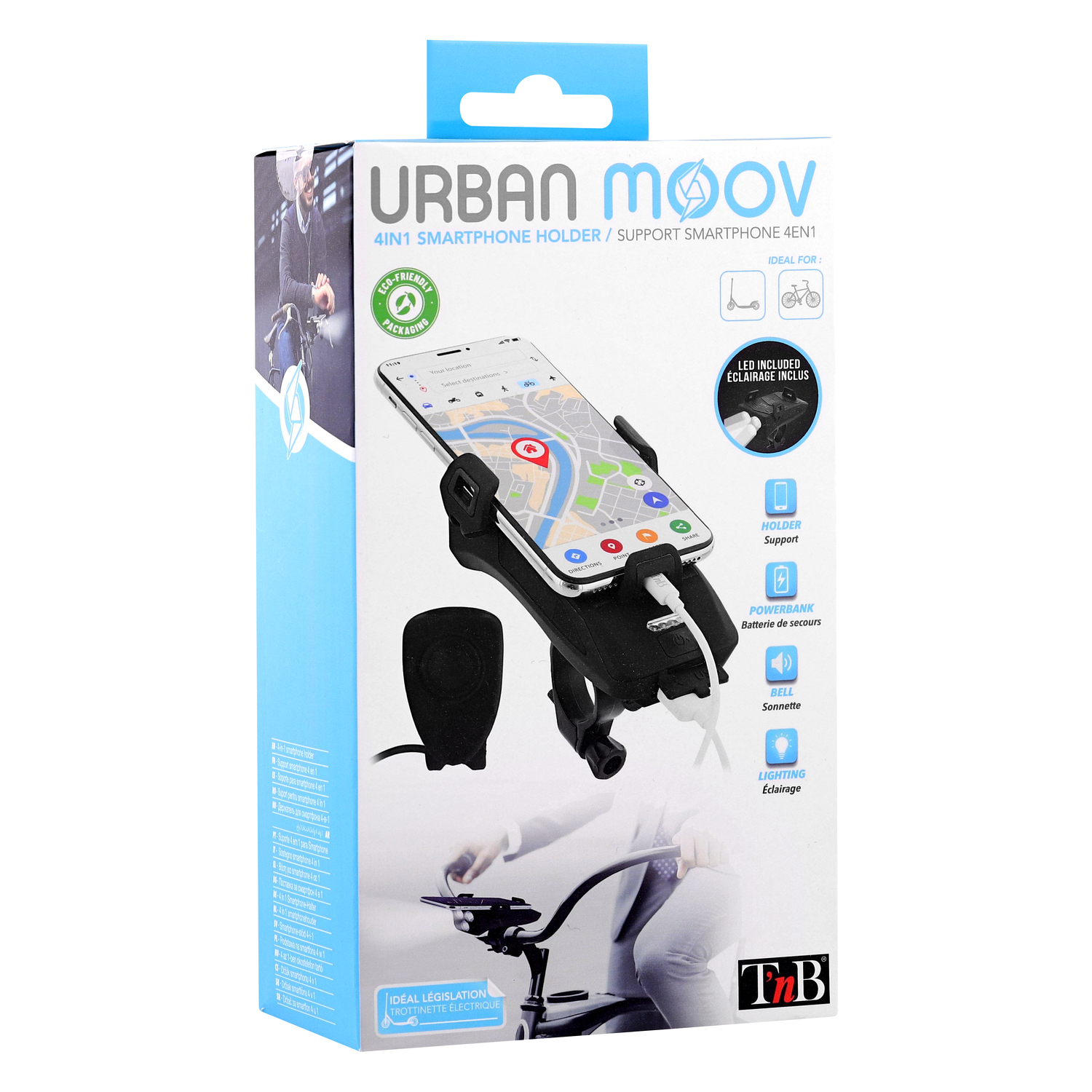 Boîte de produit pour un support de smartphone. Comprend des icônes de téléphone, de vélo et de scooter.