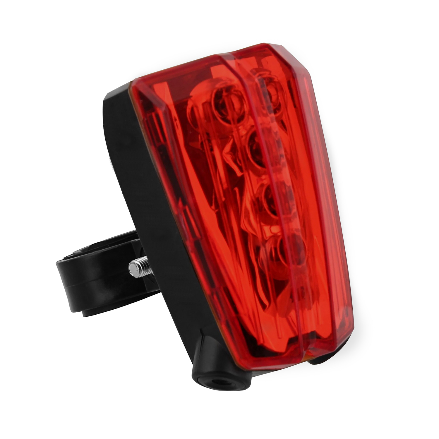 Une lumière rouge de vélo fixée à un support noir, sur fond blanc.