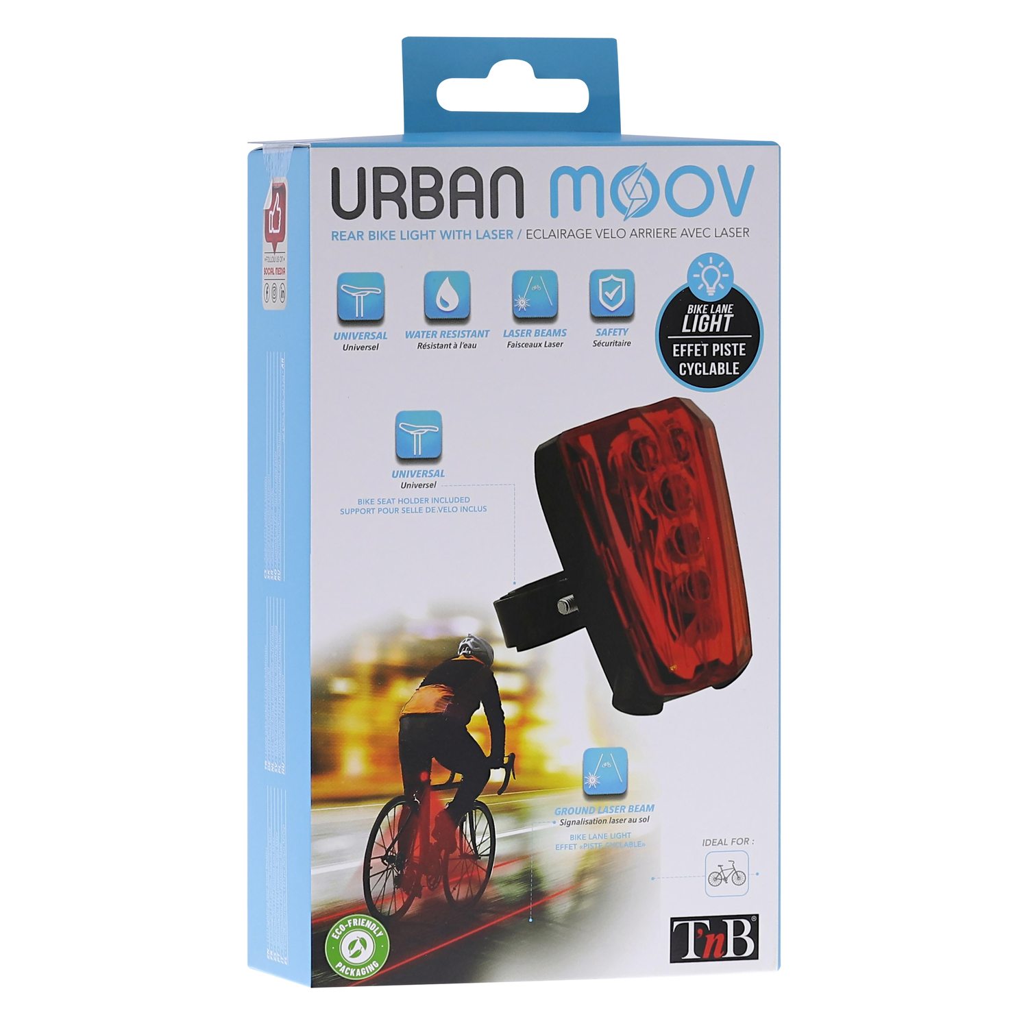 Feu de vélo avec laser. Emballage du produit avec texte et images.