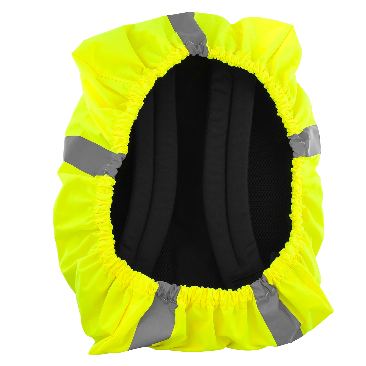 Gele rugzakhoes met reflecterende strepen. Zwarte rugzak eronder zichtbaar. Geïsoleerd.