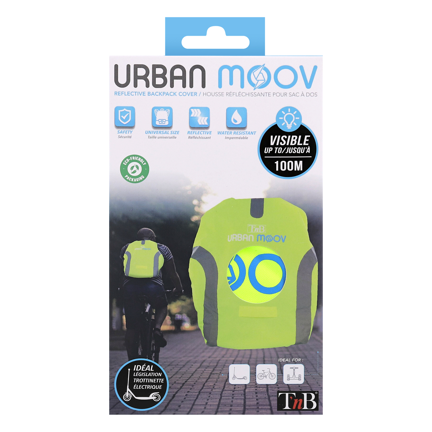 Reflecterende rugzakhoes met tekst en illustraties. Toont een fietser.