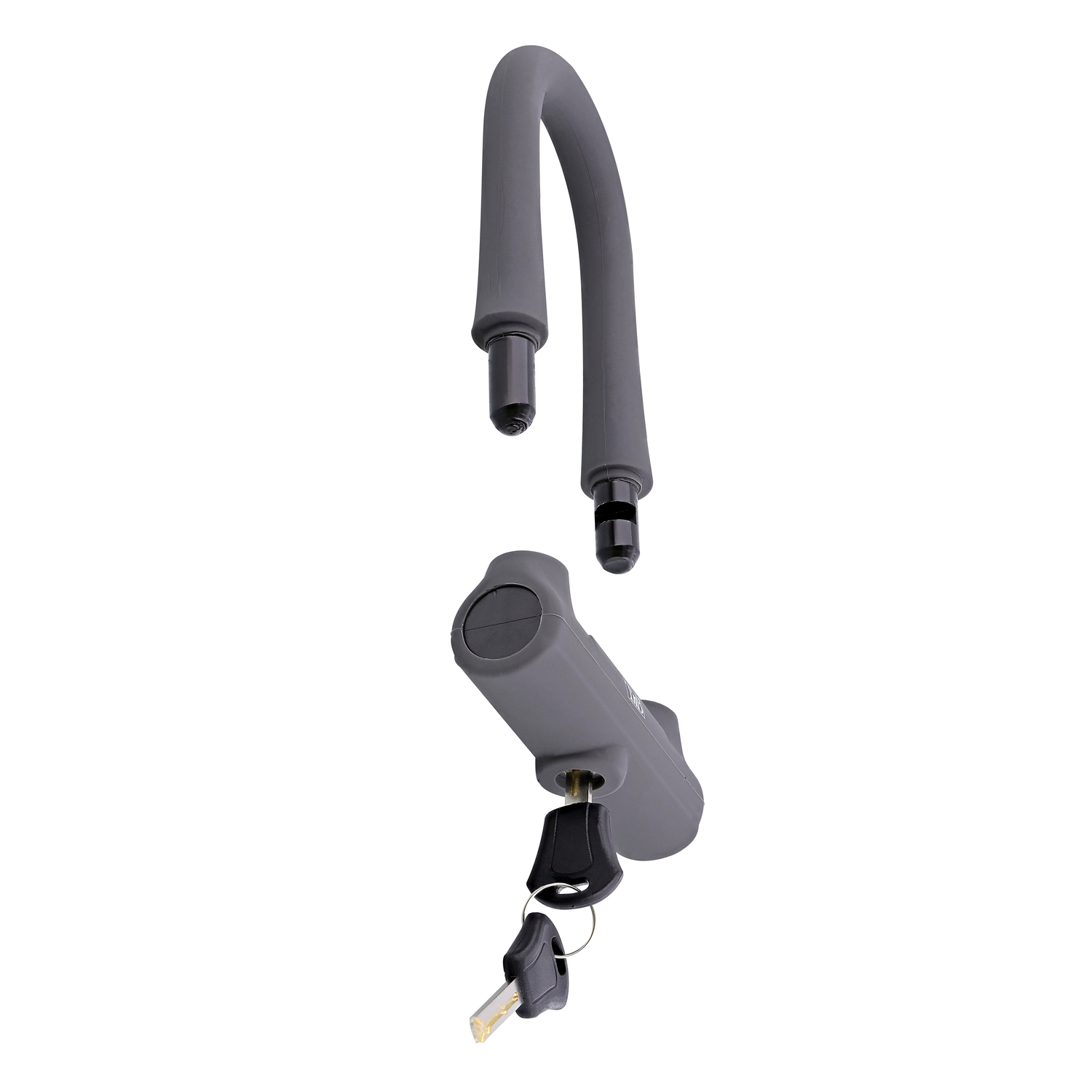 Antivol de vélo gris en forme de U avec clé insérée, fond blanc.