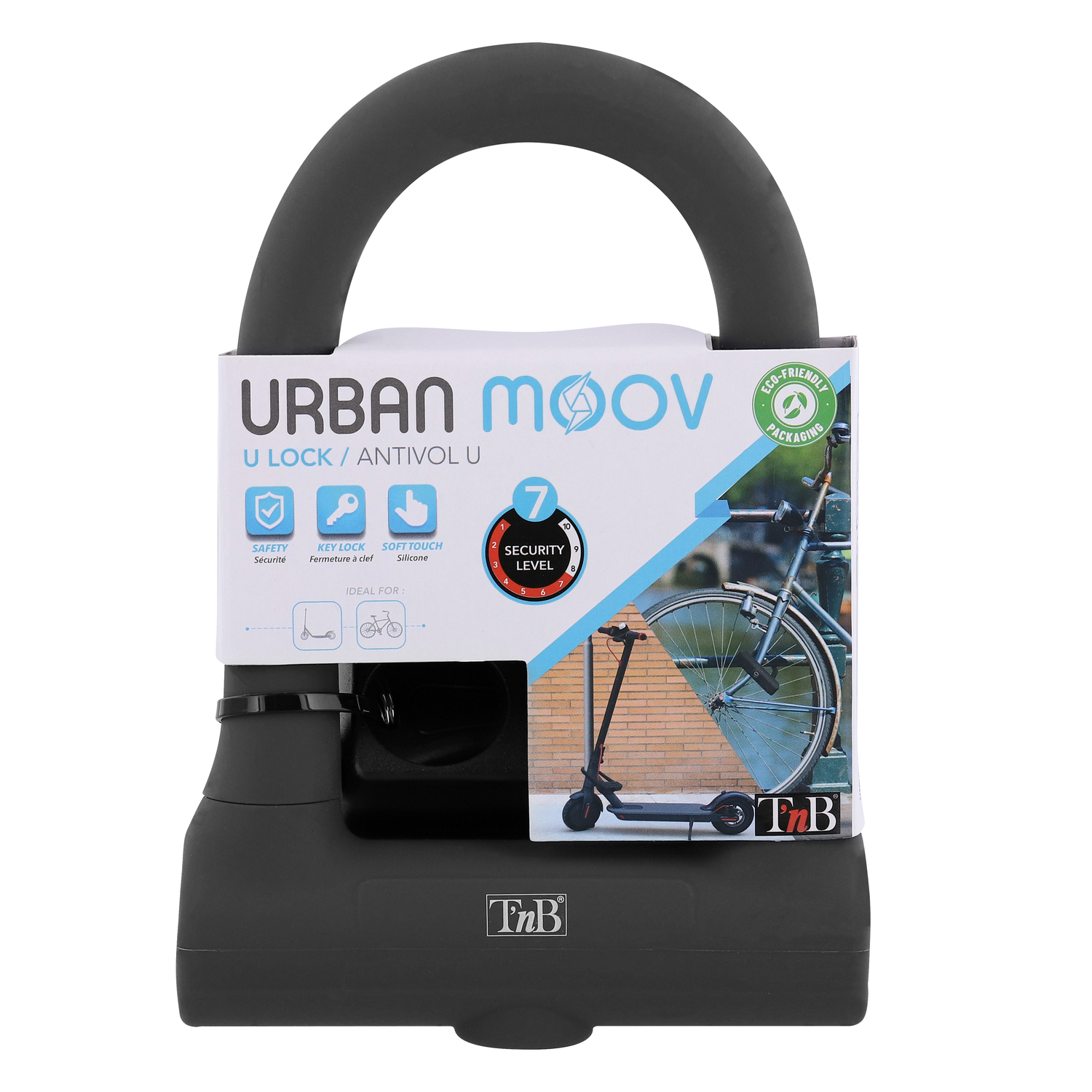 Antivol en U noir avec un graphique de scooter sur la boîte. L'antivol est noir et a une anse en forme de U.