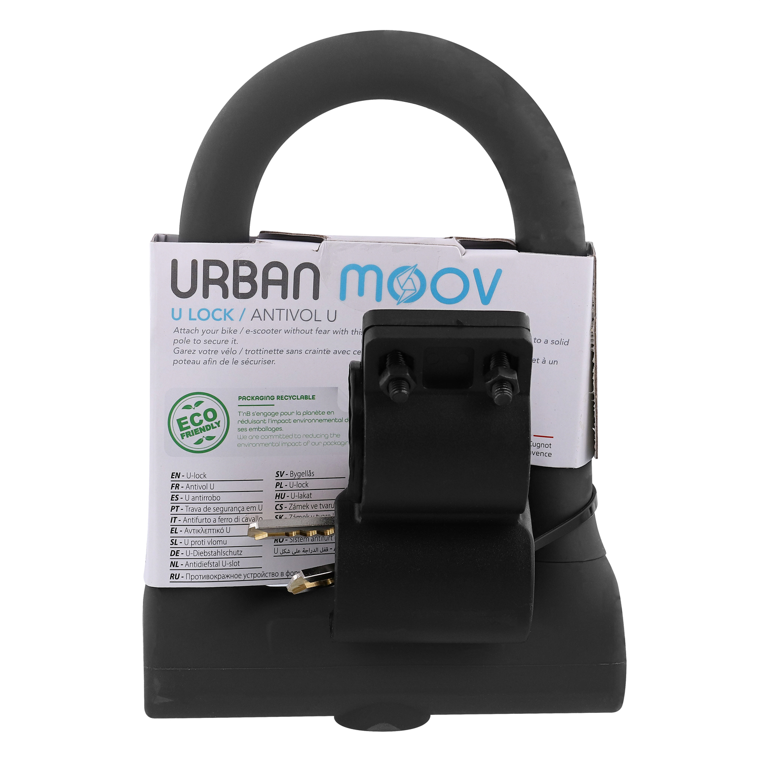 Un antivol en U noir pour vélo, avec emballage montrant le produit et du texte.