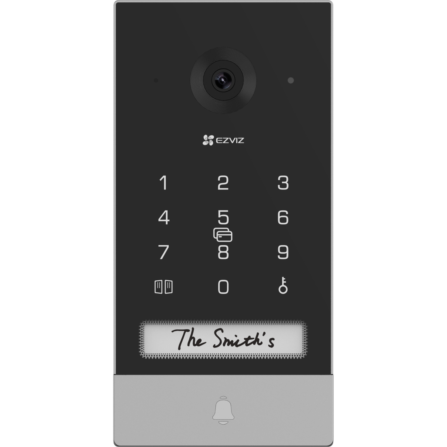 Black EZVIZ door intercom with a camera, keypad, and a nameplate that reads 'The Smith's', mounted on a wall.