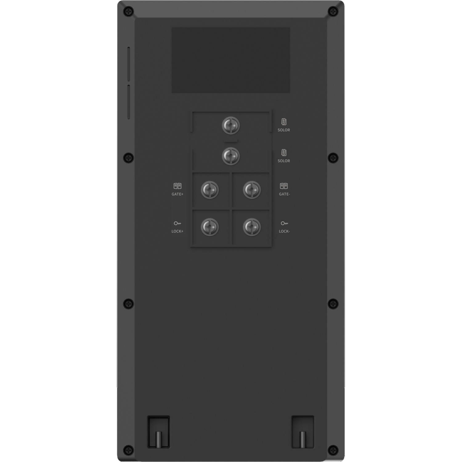 A back panel with buttons, a screen, and screws, in a dark grey color.