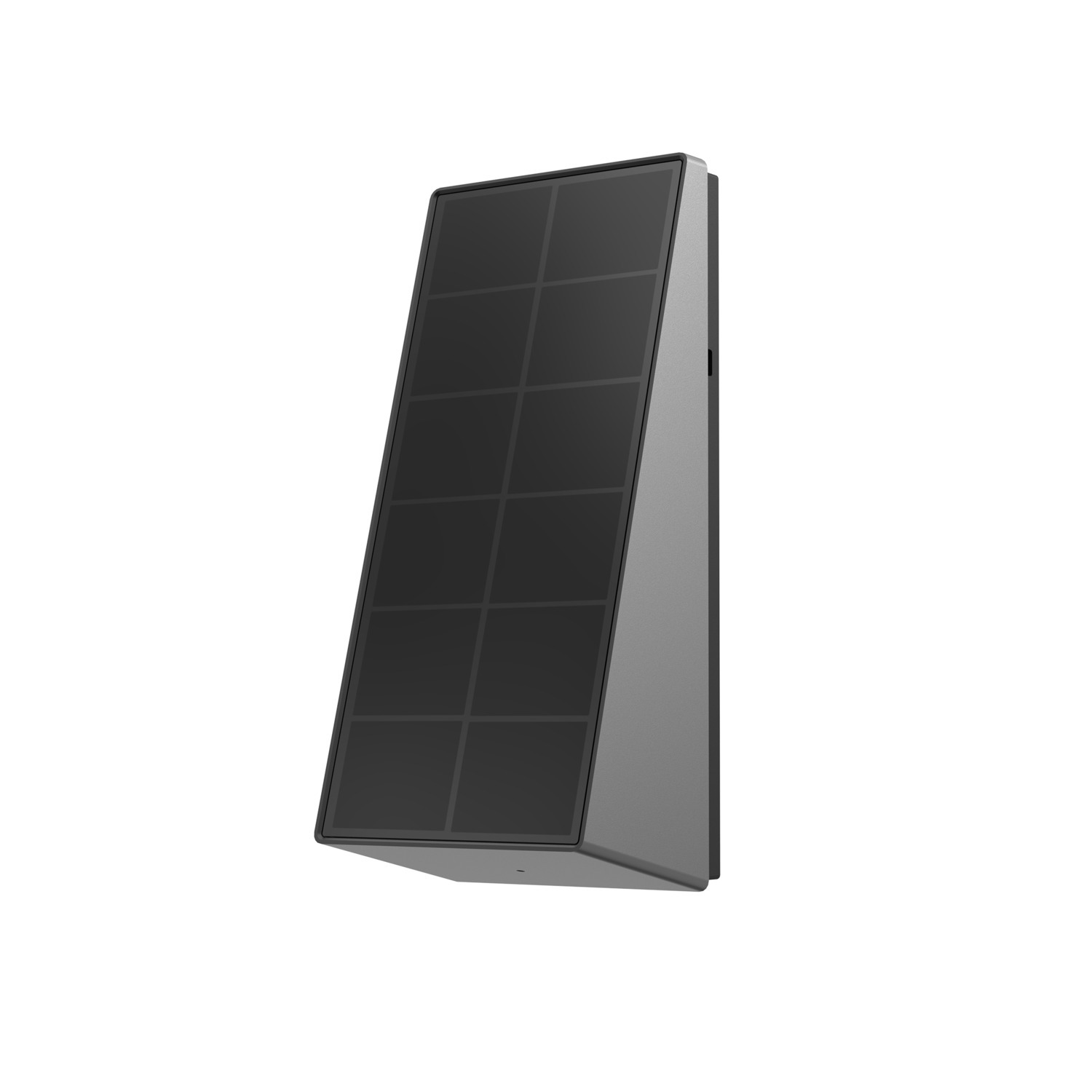 Solar panel, black cells, gray frame, against a white background.