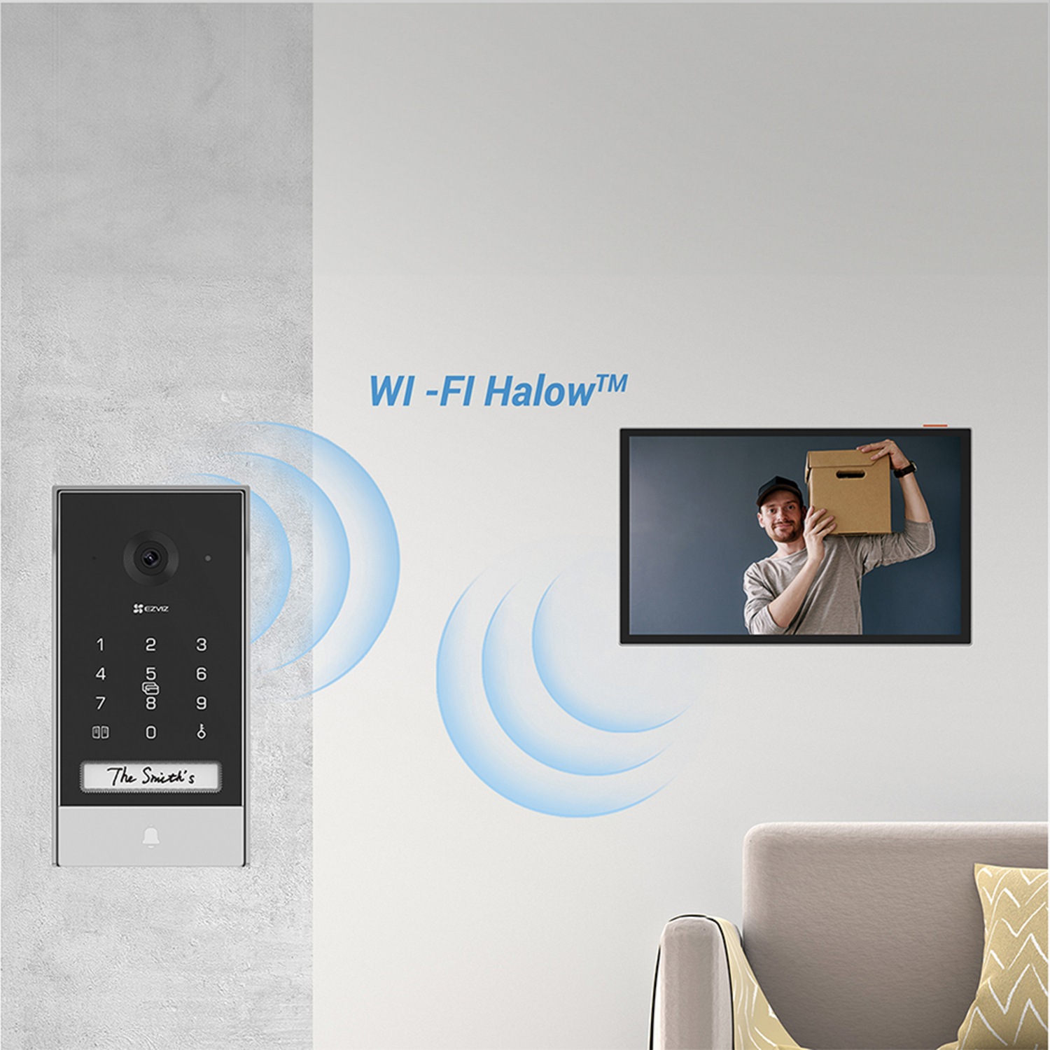 A doorbell and a screen showing a man with a package, with Wifi symbols.