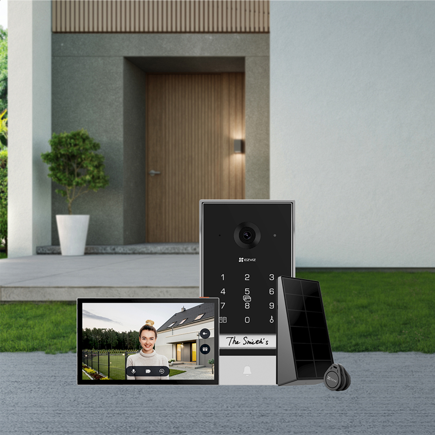 Smart home setup: Doorbell, screen, and solar panel. Includes a house with a door and tree.