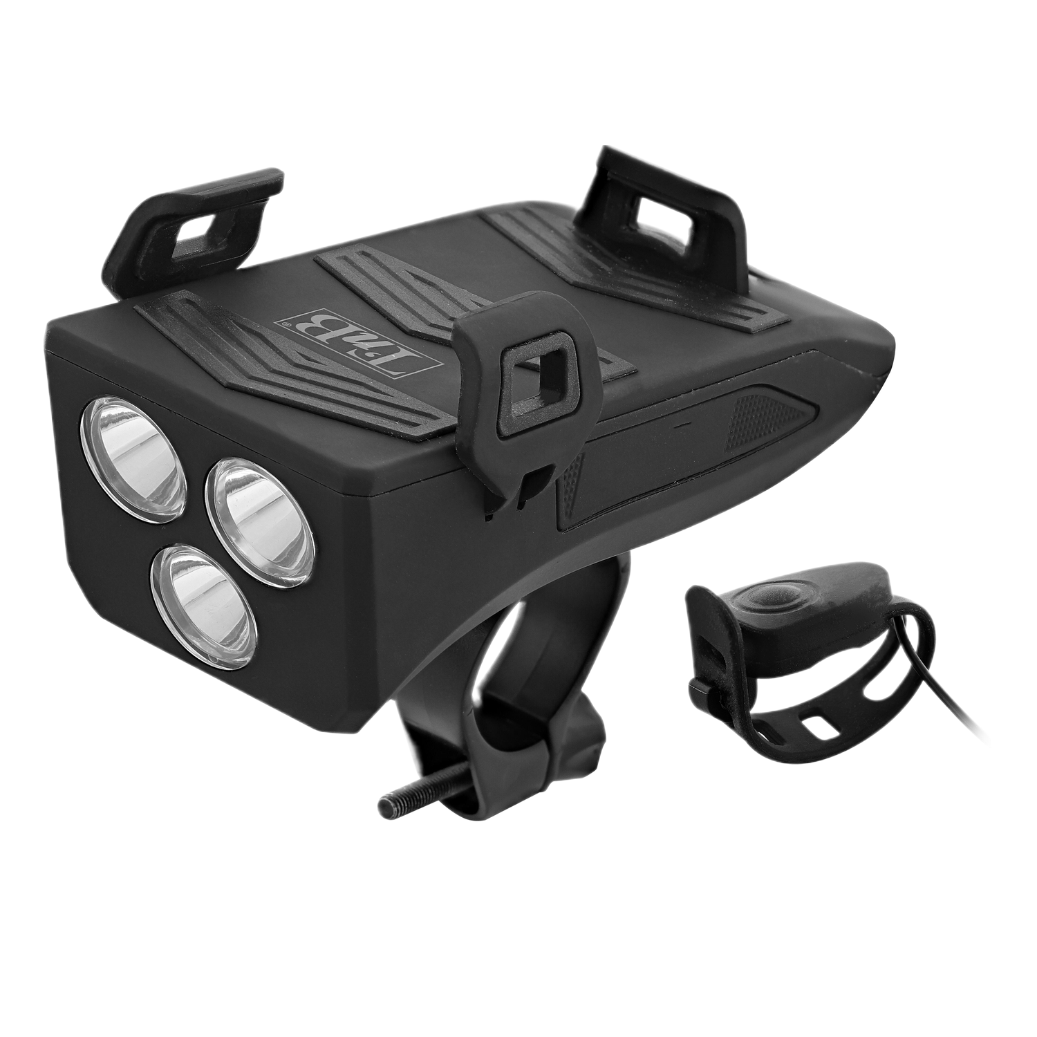 Feu de vélo noir avec trois lumières et un support séparé, sur fond noir.