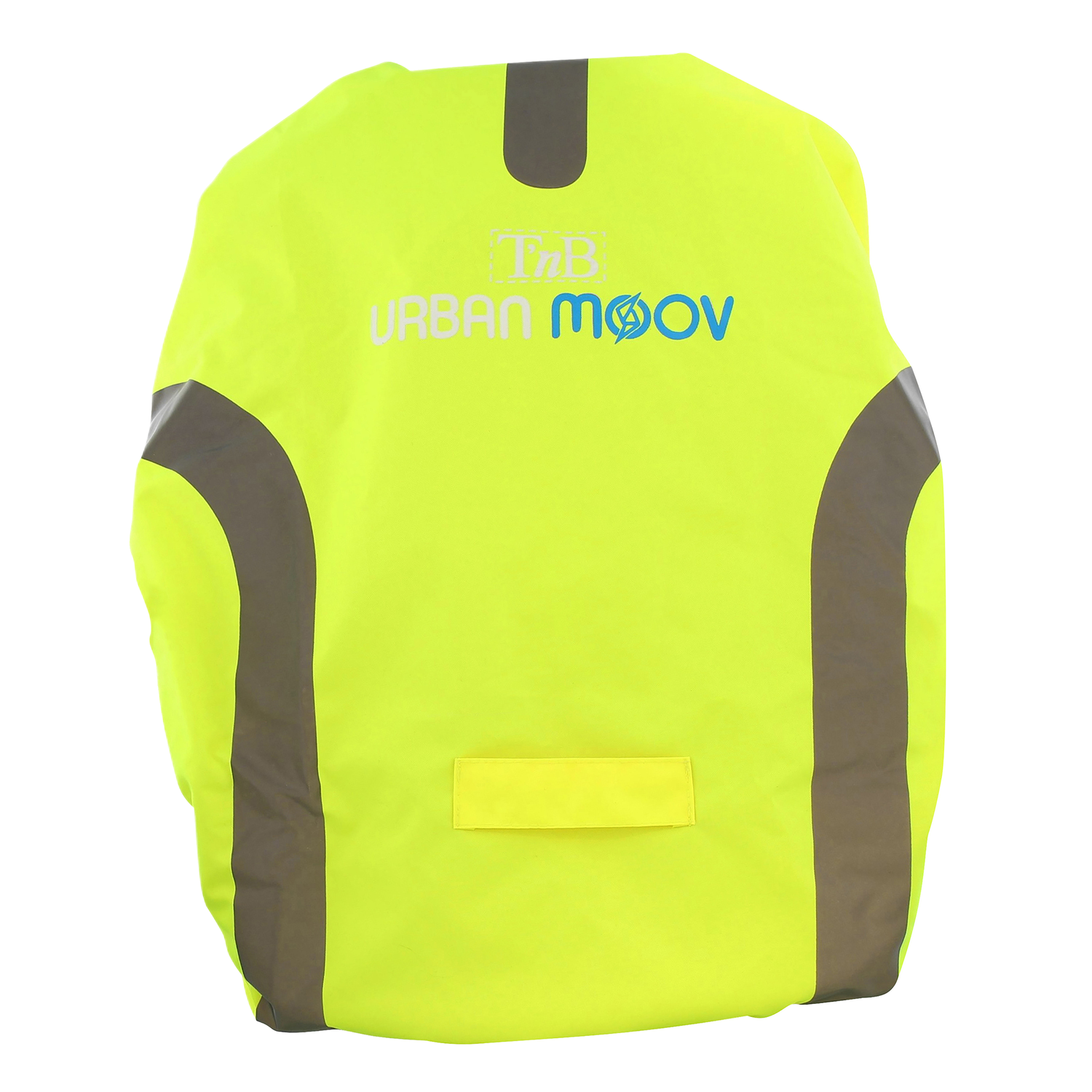 Een felgele reflecterende vest met grijze accenten, op een zwarte achtergrond.