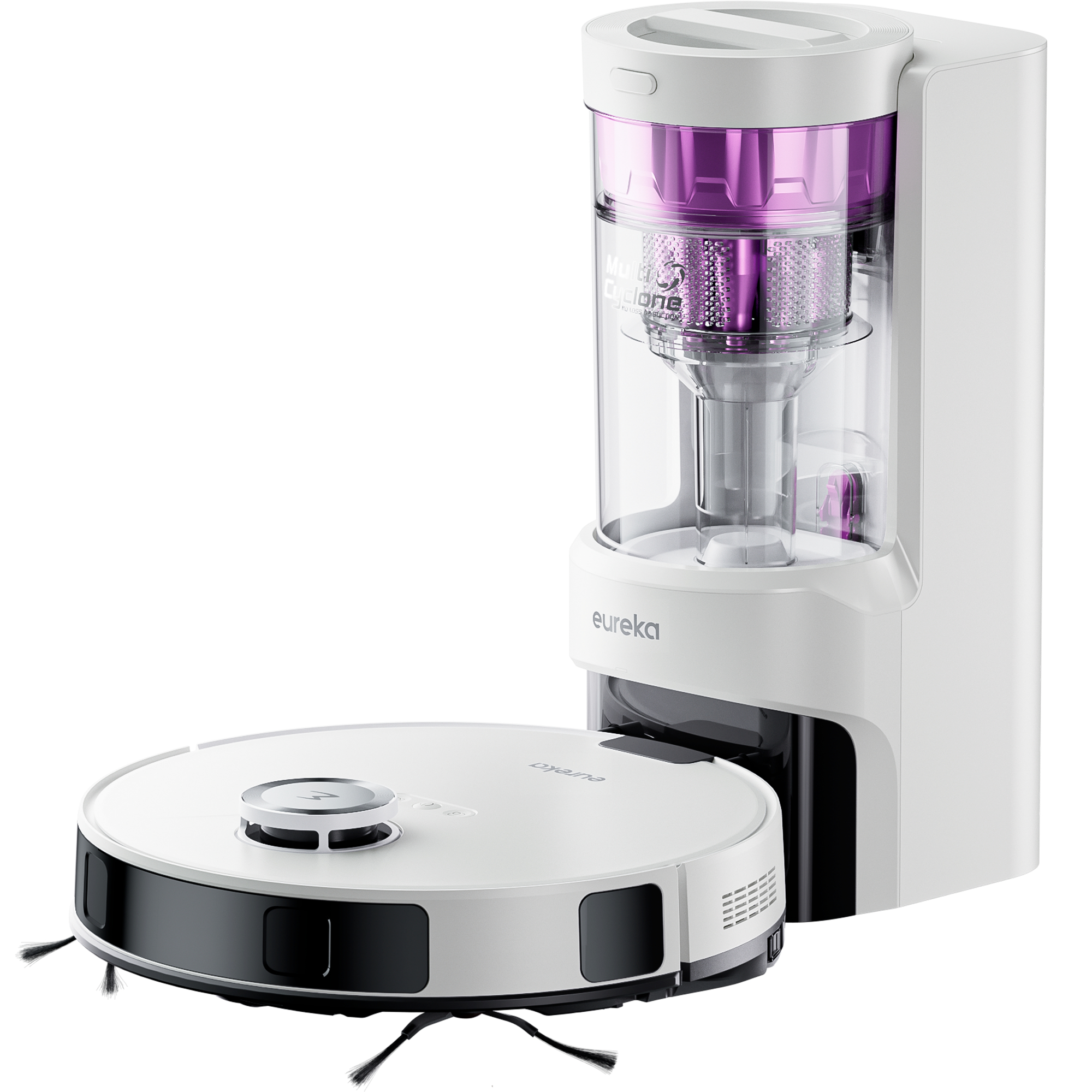 Ein weißer Eureka Staubsauger mit lila Filter und ein Roboter-Staubsauger.