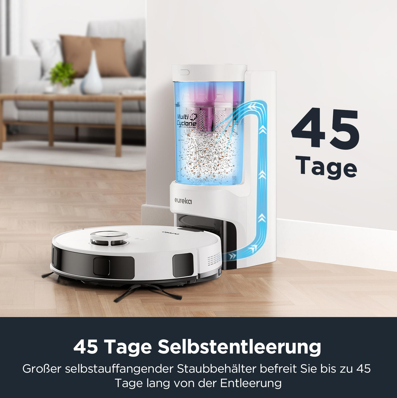Ein Roboter-Staubsauger und eine weiße Reinigungsstation mit Text '45 Tage' auf Holzboden.